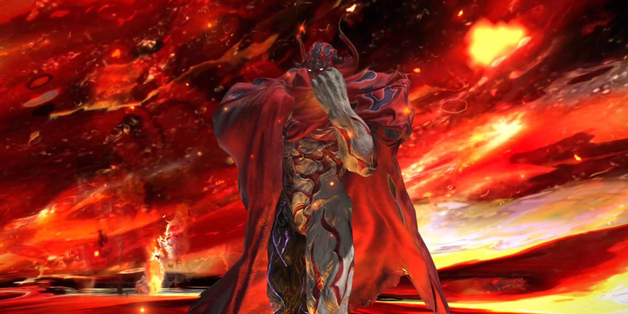 The arch demon Rubicante standing in a whirlwind of fire at the start of the Mount Ordeals Extreme Trial encounter in Final Fantasy 14.