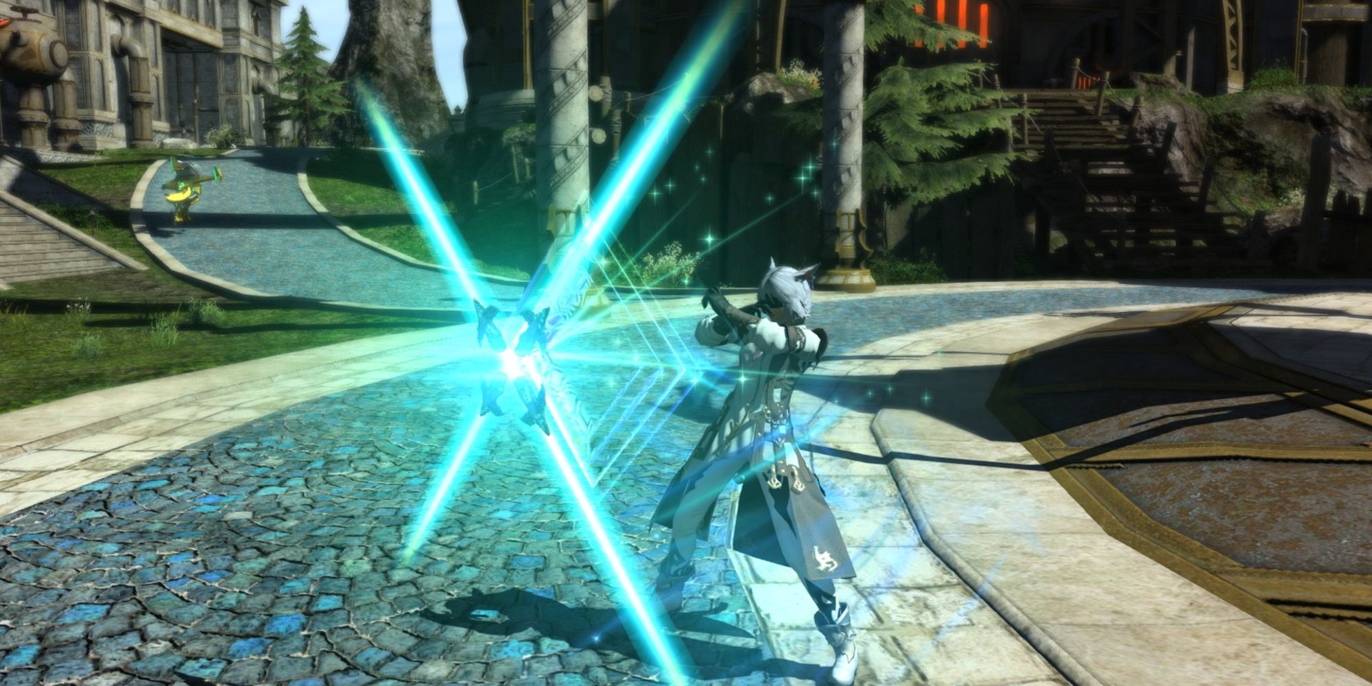 A Sage casting a Barrier with its Nouliths, creating an "X" pattern in front of a diamond shield in Final Fantasy 14