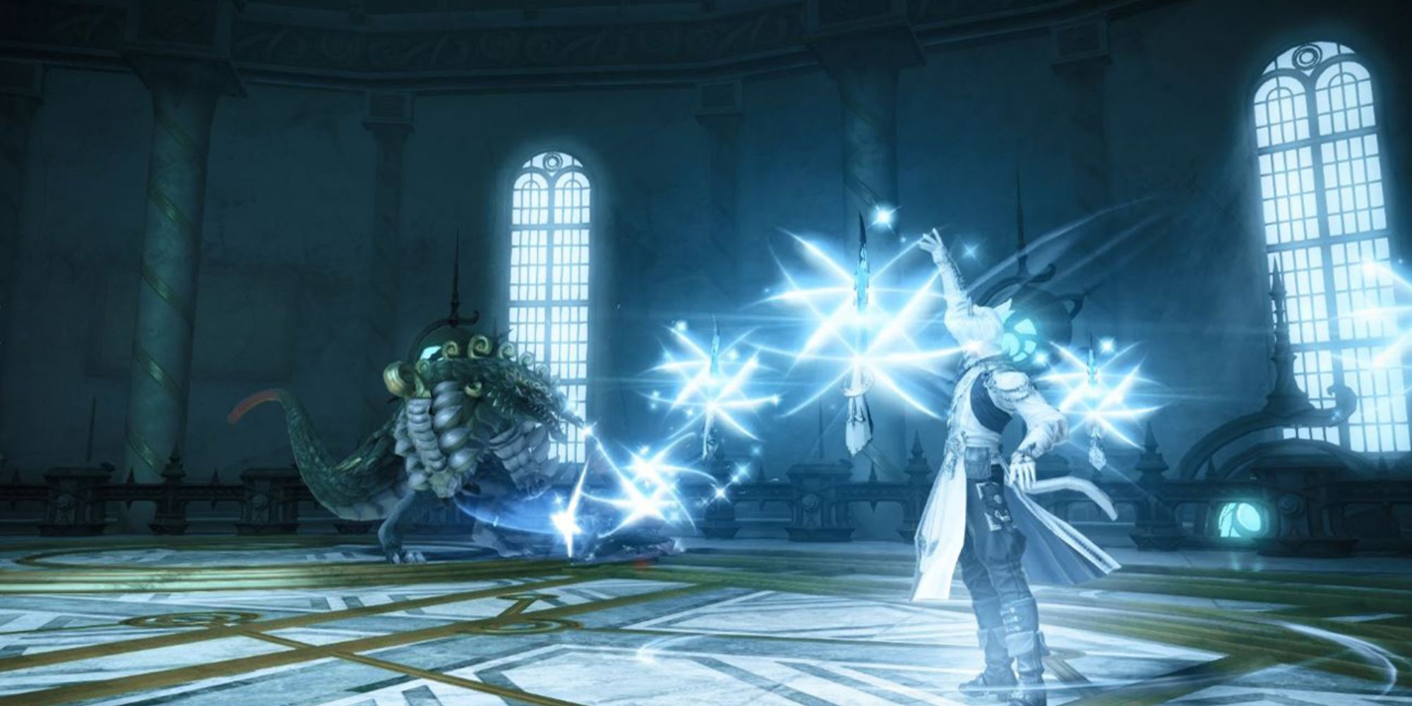 A Sage casting Phlegma on an enemy, using their Nouliths to attack from a distance with magic in Final Fantasy 14