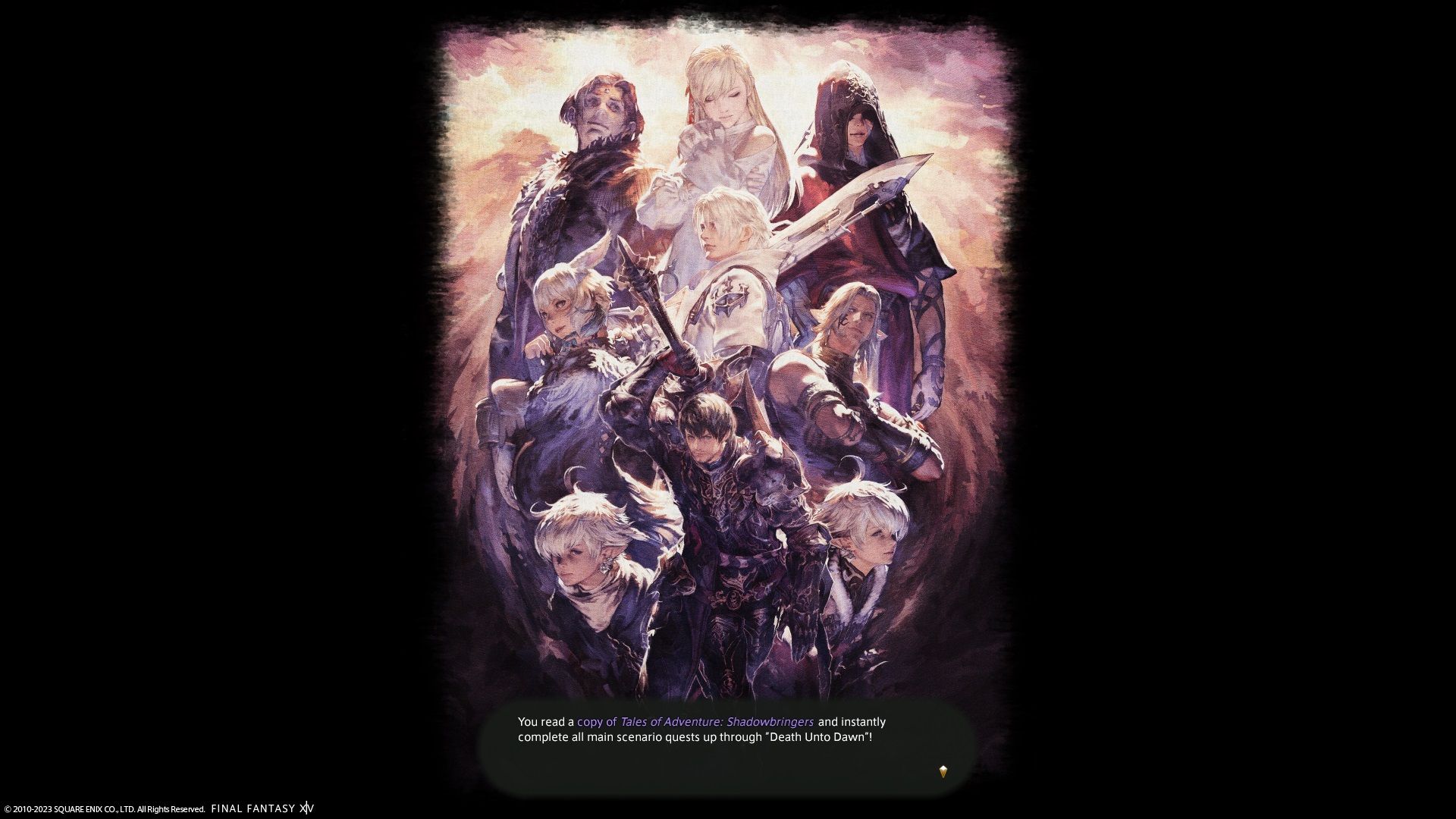 Final Fantasy 14 - The screen that displays after buying a main scenario quest skip that shows the Shadowbringers key artwork of the scions and Emet-selch.