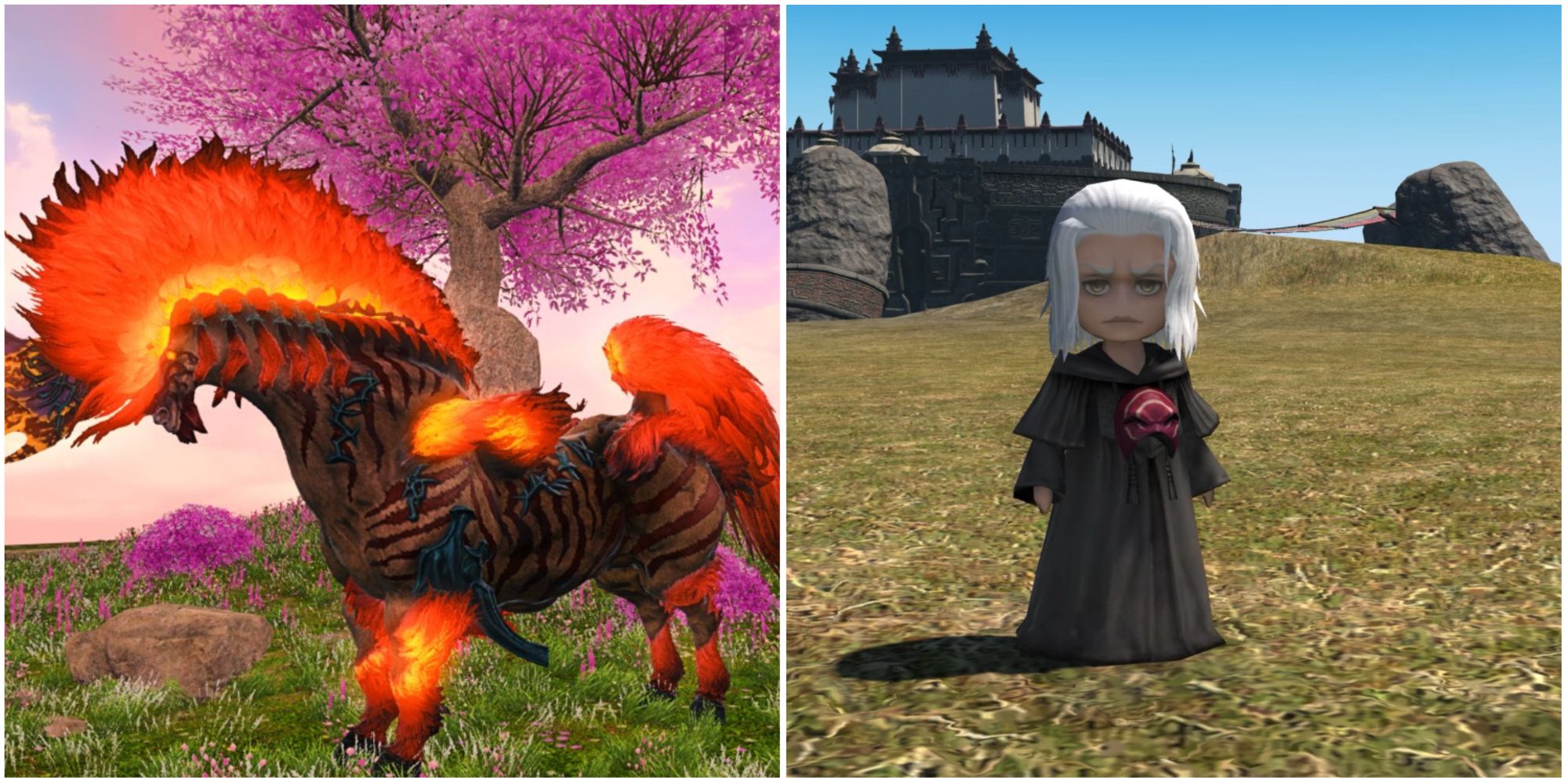 На левом изображении - гора Фаэтон, огненный зверь, похожий на зебру, а на правом - миньон Аидонеус, миниатюрная версия Эмет-Сельха в Элписе из Final Fantasy 14.