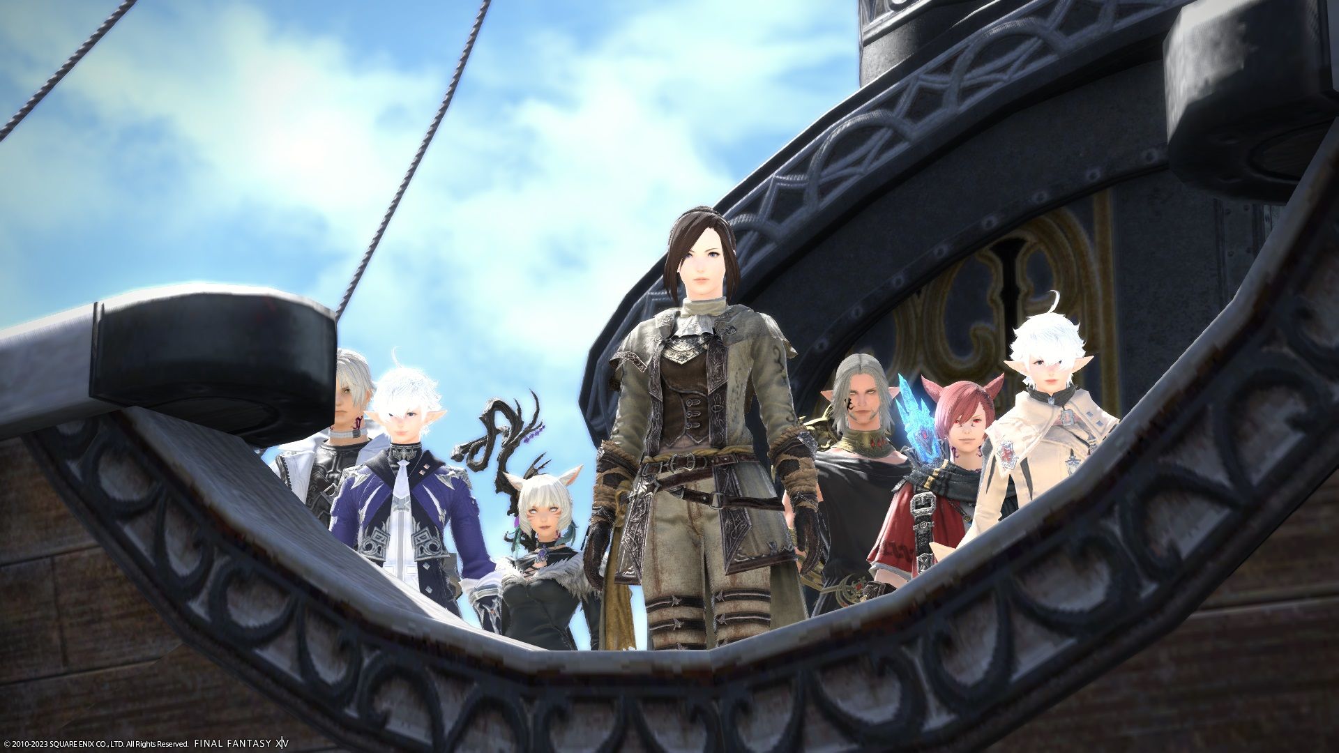 Final Fantasy 14 - The Warrior of Light standing with the Scions aboard a board sailing to Old Sharlayan.