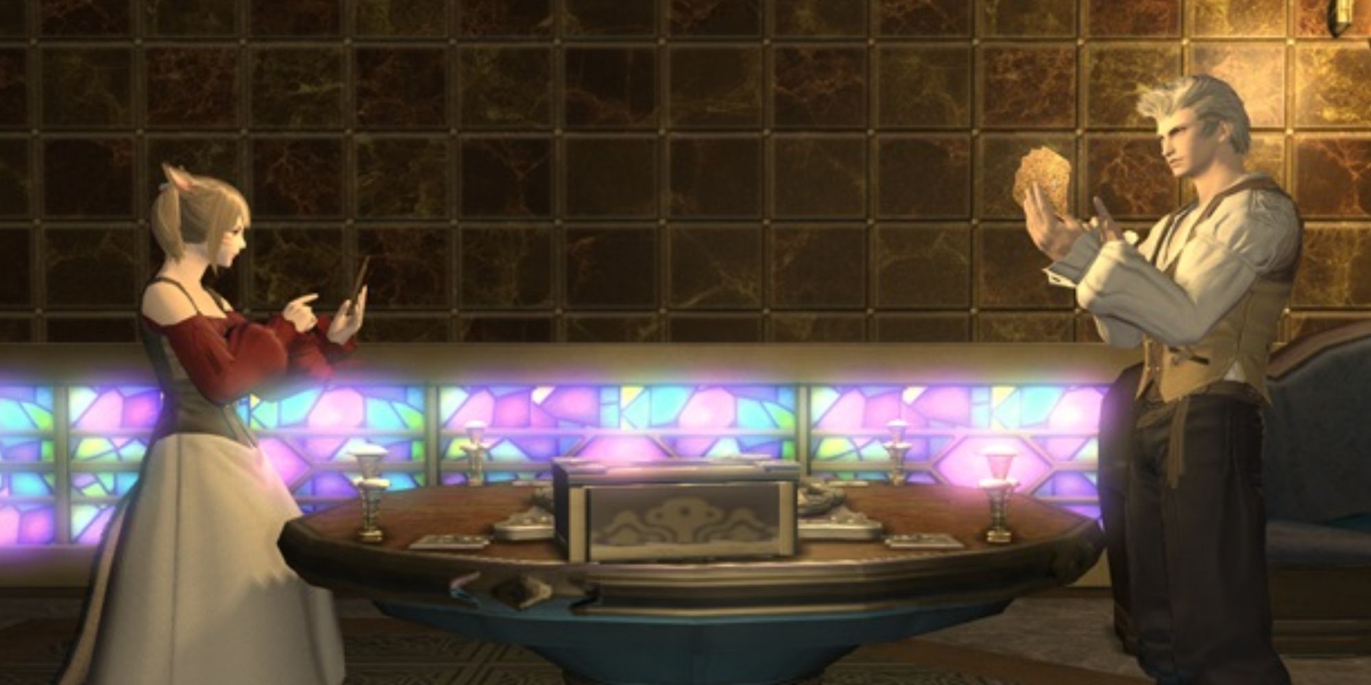 Two men face off in a match of the Triple Triad card game from Final Fantasy 14