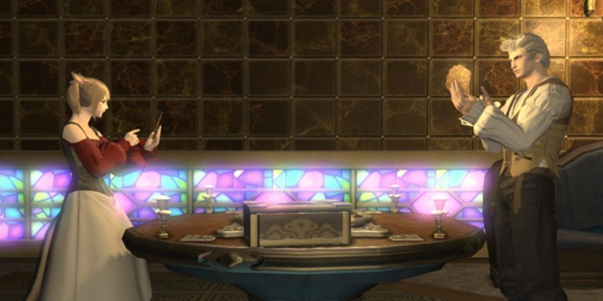 Two people squaring off in a match of the Triple Triad Card Game in Final Fantasy 14