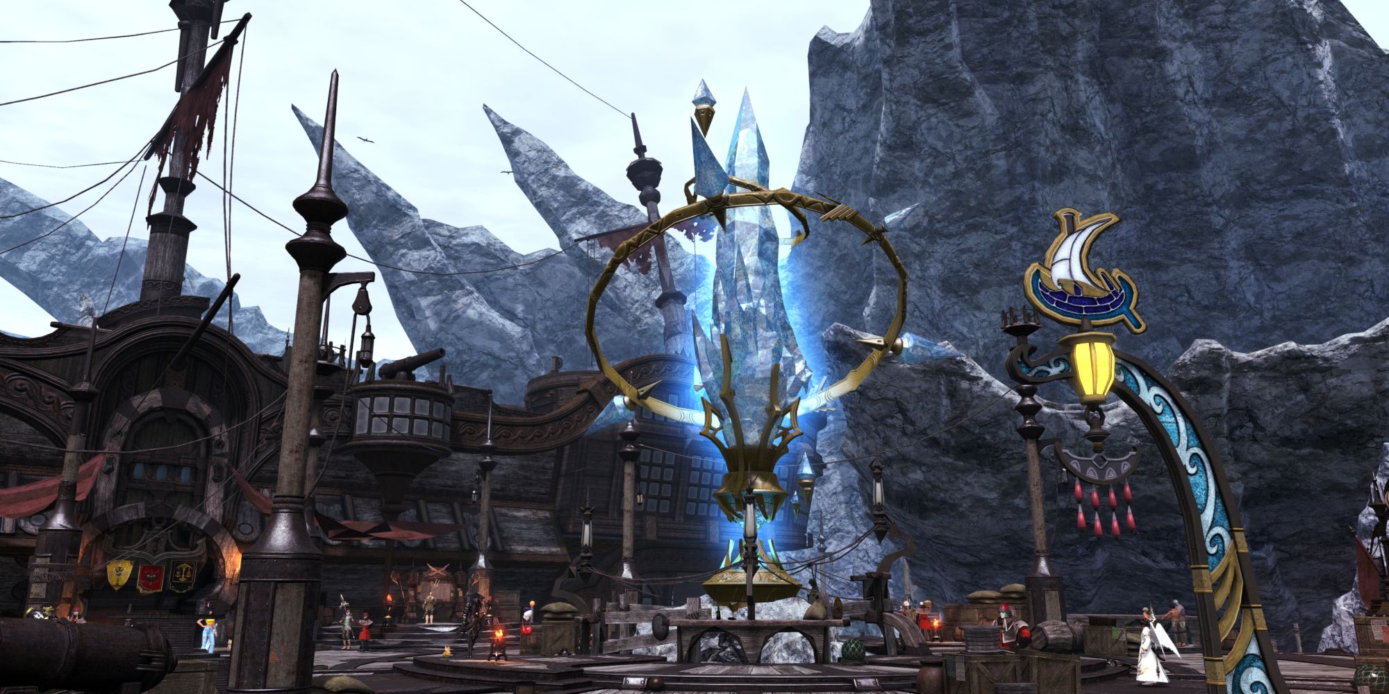The Wolves' Den Pier Aetheryte. A large blue crystal in the middle of the deck of an enormous ship, crowded with players looking for PvP battles in Final Fantasy 14.