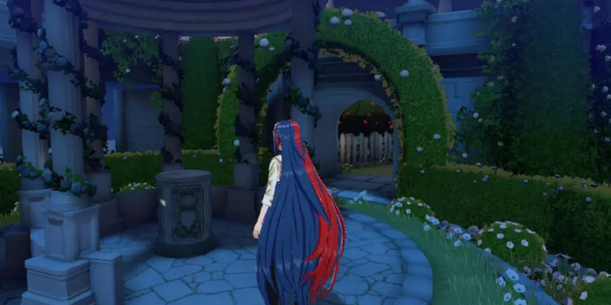 This image shows Alear approaching the Amiibo Gazebo in the Somniel in Fire Emblem Engage