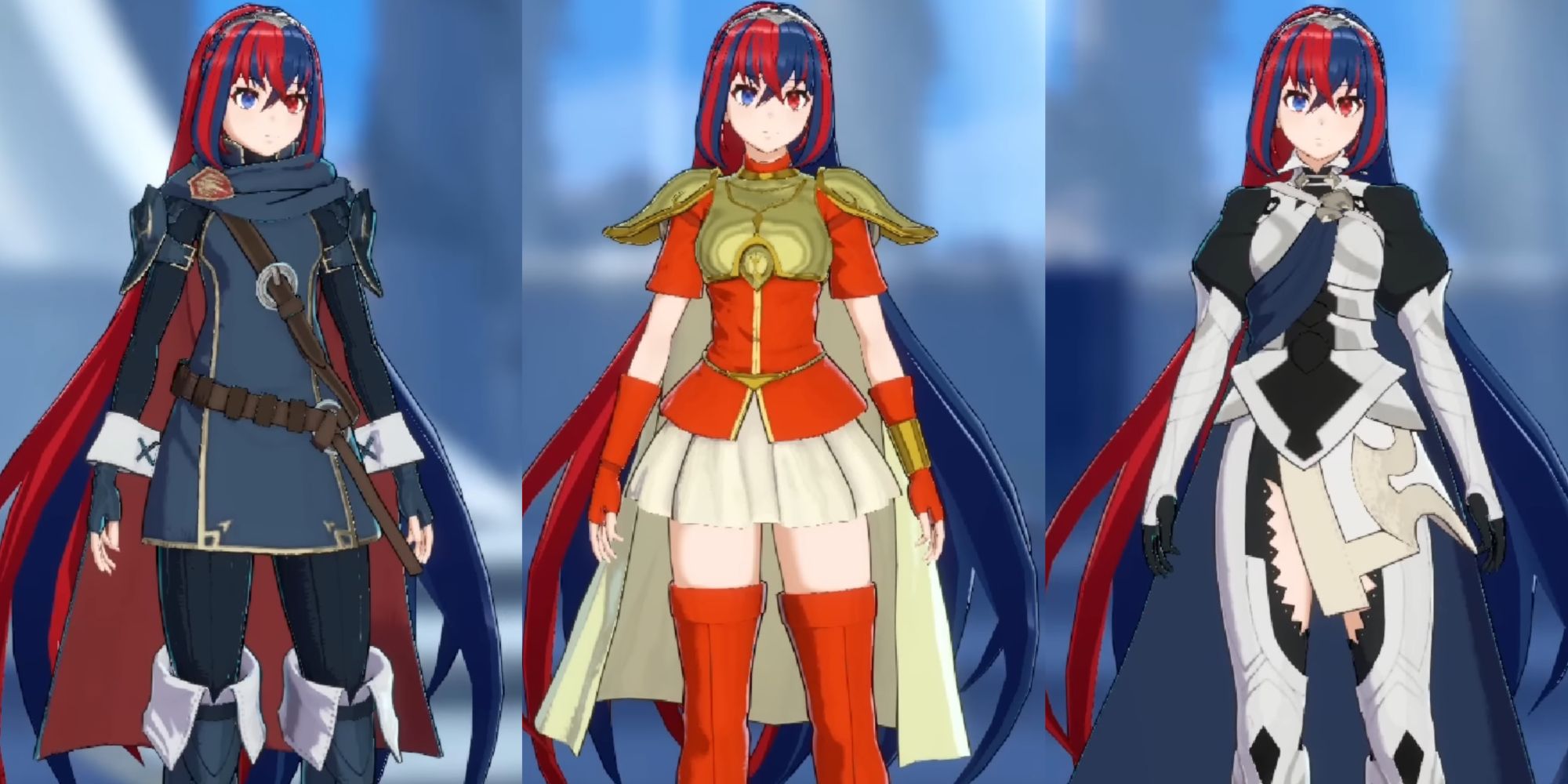 This image showcases Alear from Fire Emblem Engage wearing several character's Outfits from previous Fire Emblem titles. The left Outfit is Lucina, the Middle is Eirika, and the right is Corrin.