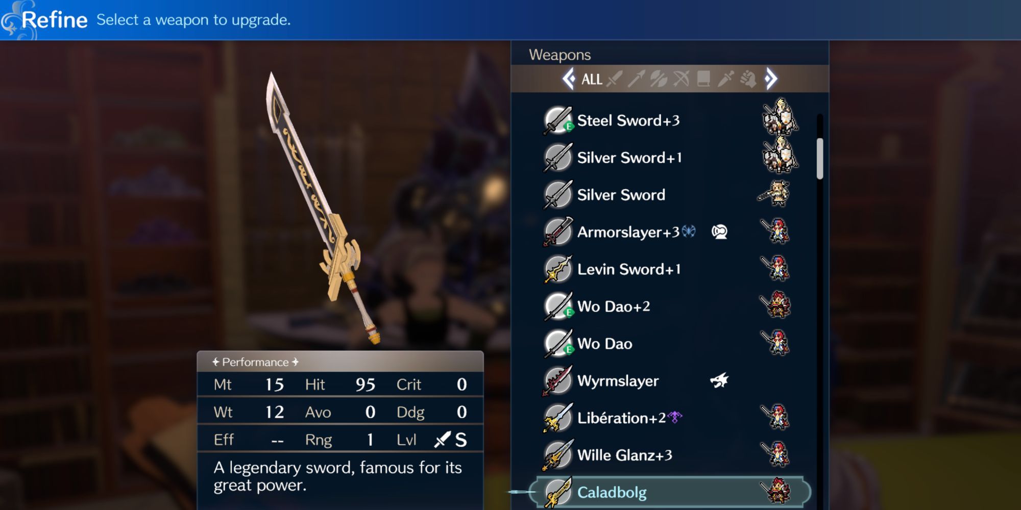 Fire Emblem Engage - Caladbolg sword in the refine menu