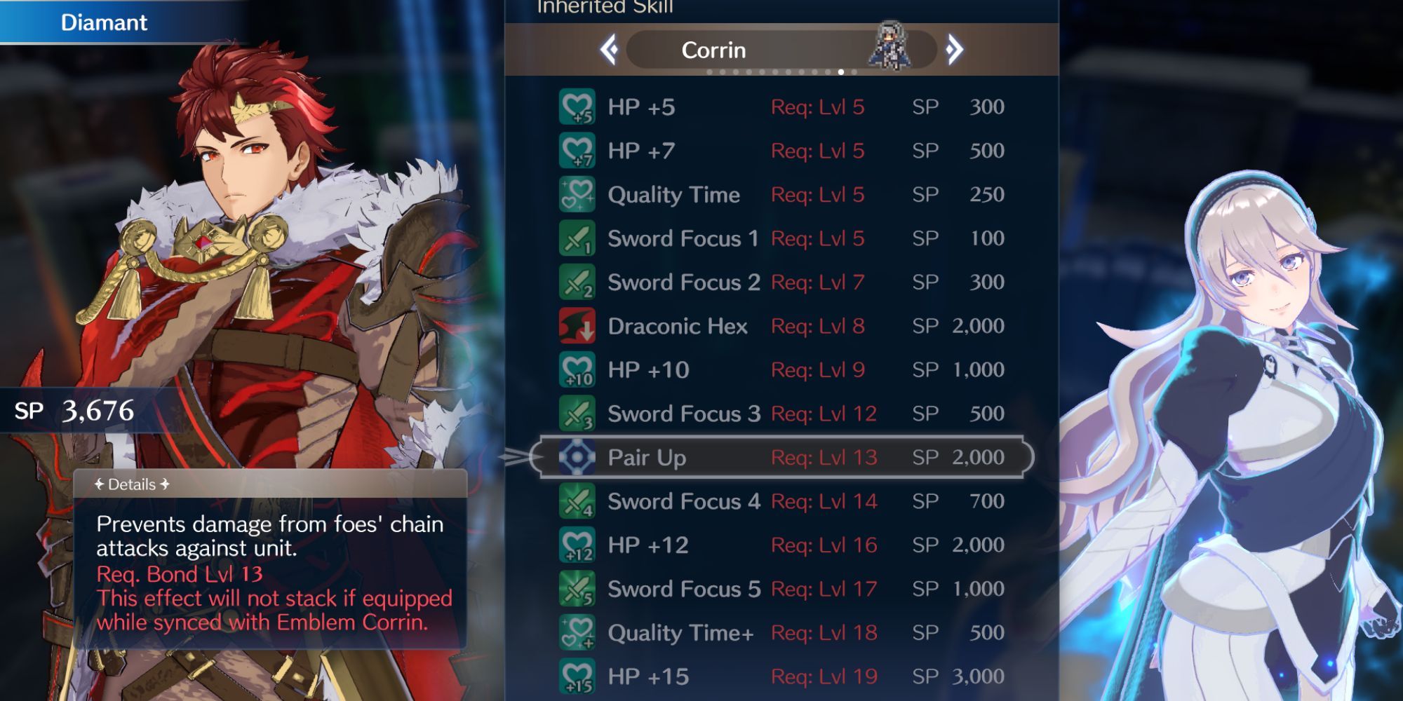 Fire Emblem Engage - Corrin Pair Up skill inherit screen