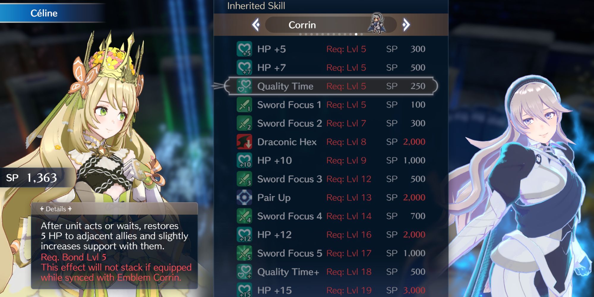 Fire Emblem Engage - Corrin Quality Time skill inherit screen