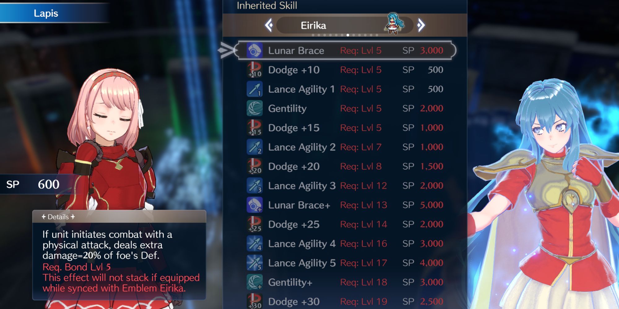 Fire Emblem Engage - Eirika Lunar Brace skill inherit screen