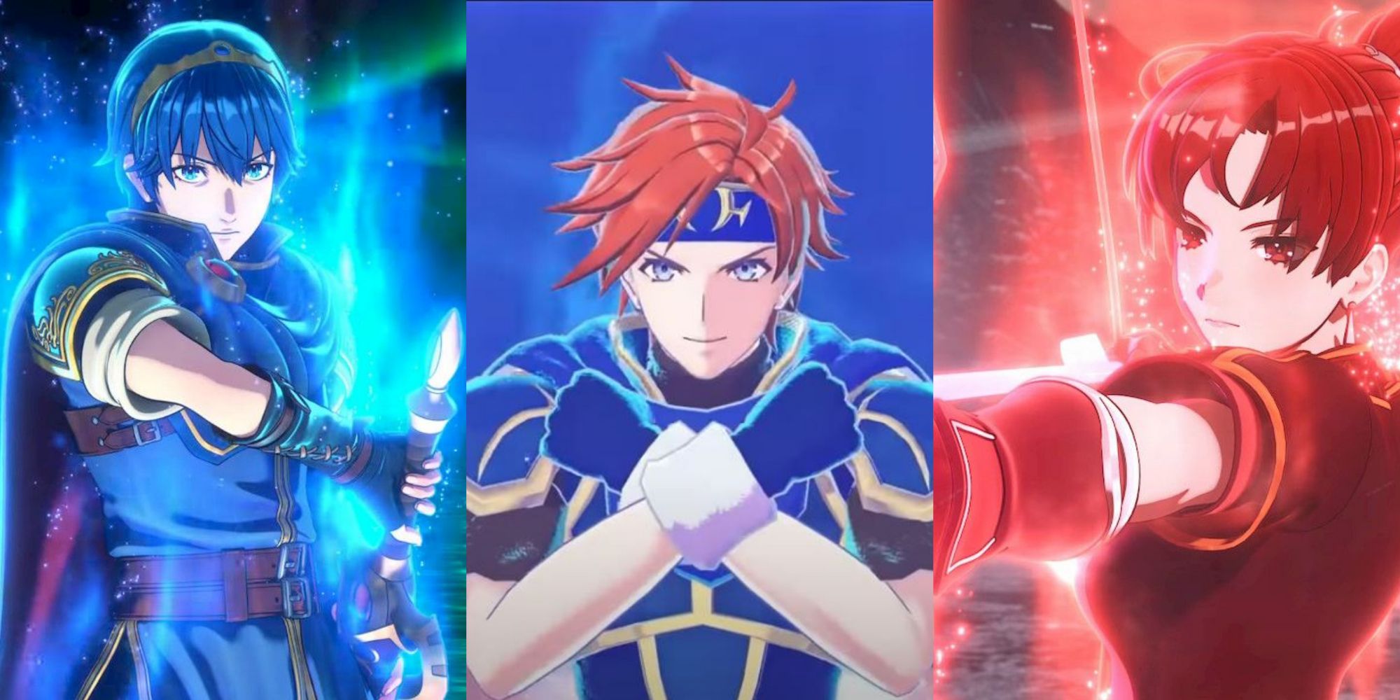 Split image screenshots of Marth, Roy. and Lyn in Fire Emblem Engage.