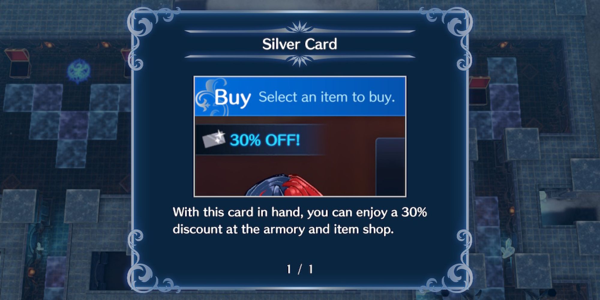 A Menu detailing the Silver Card item in Fire Emblem Engage, showing how it gives you a 30 percent discount at the Armory and Item Shops.