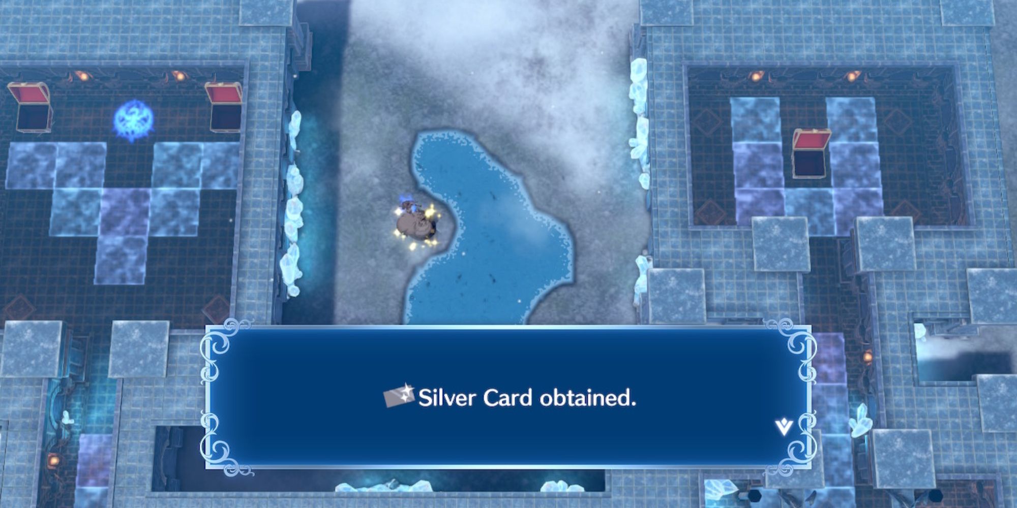 Celine picking up the Silver Card in Fire Emblem Engage after "Waiting" on the sparkly tile near the heart-shaped pond on the outside of the Dragon Temple arena.
