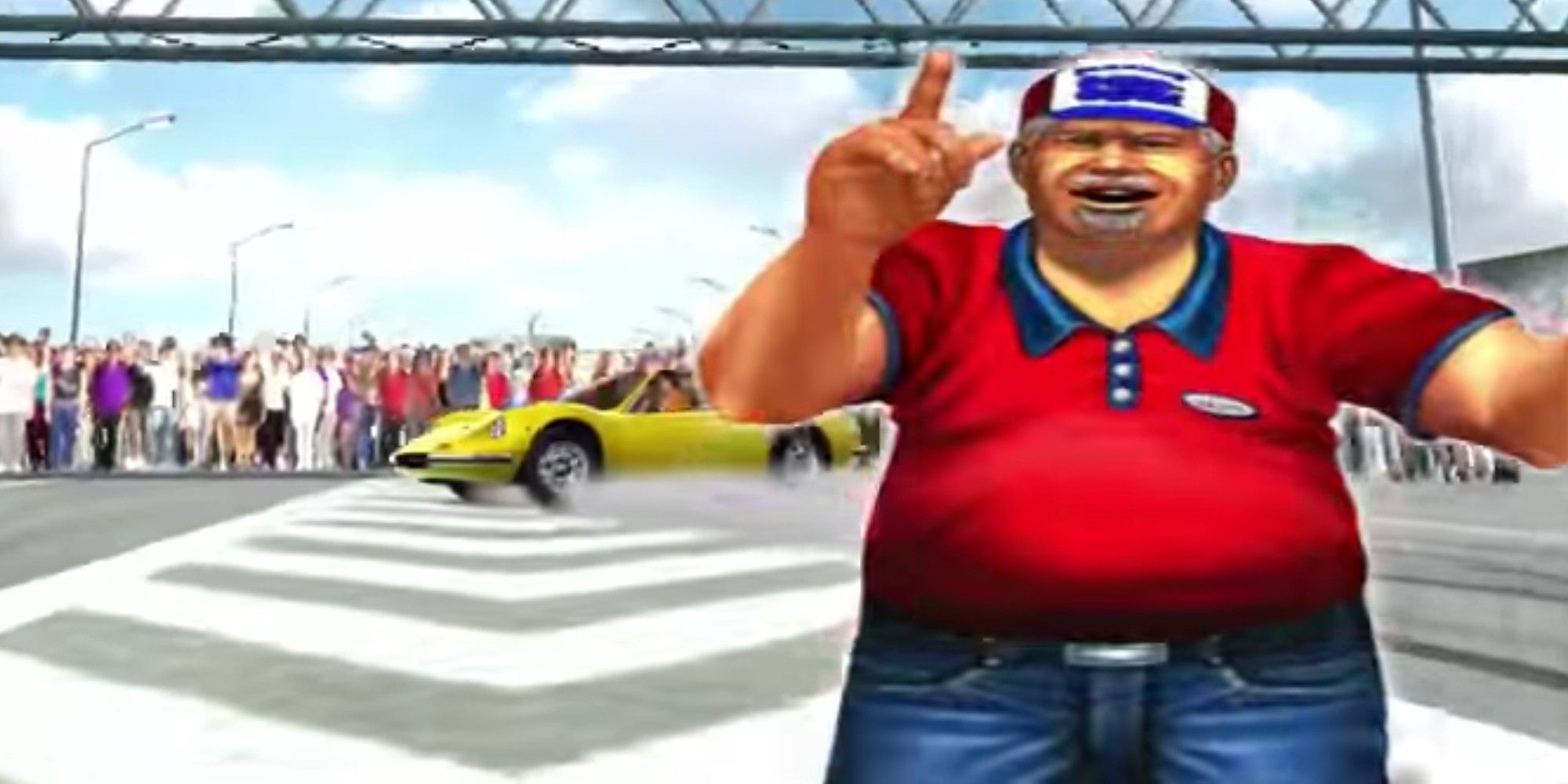 The Flag Guy from Outrun 2006 pointing upwards, with a yellow car and crowd in the background.