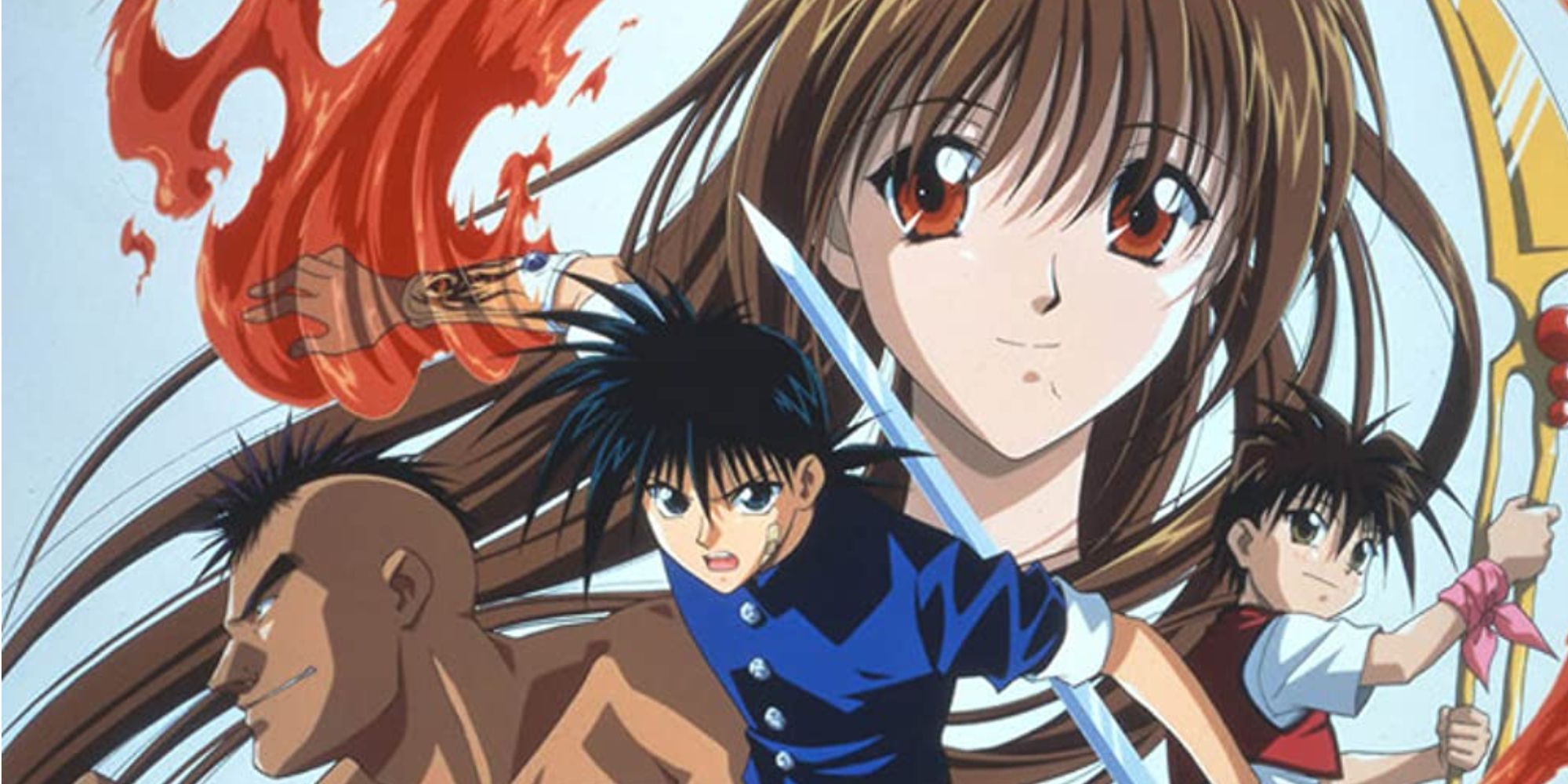 A striking collage of four characters from Flame of Recca, with the protagonist holding a sword.