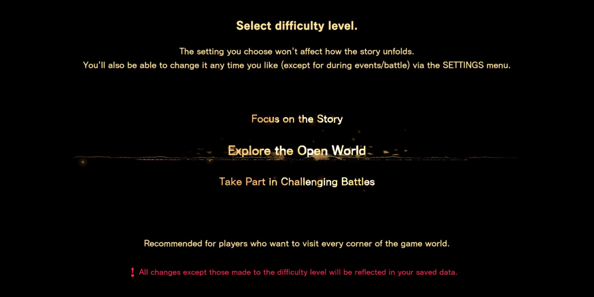 forspoken difficulty level menu screen.