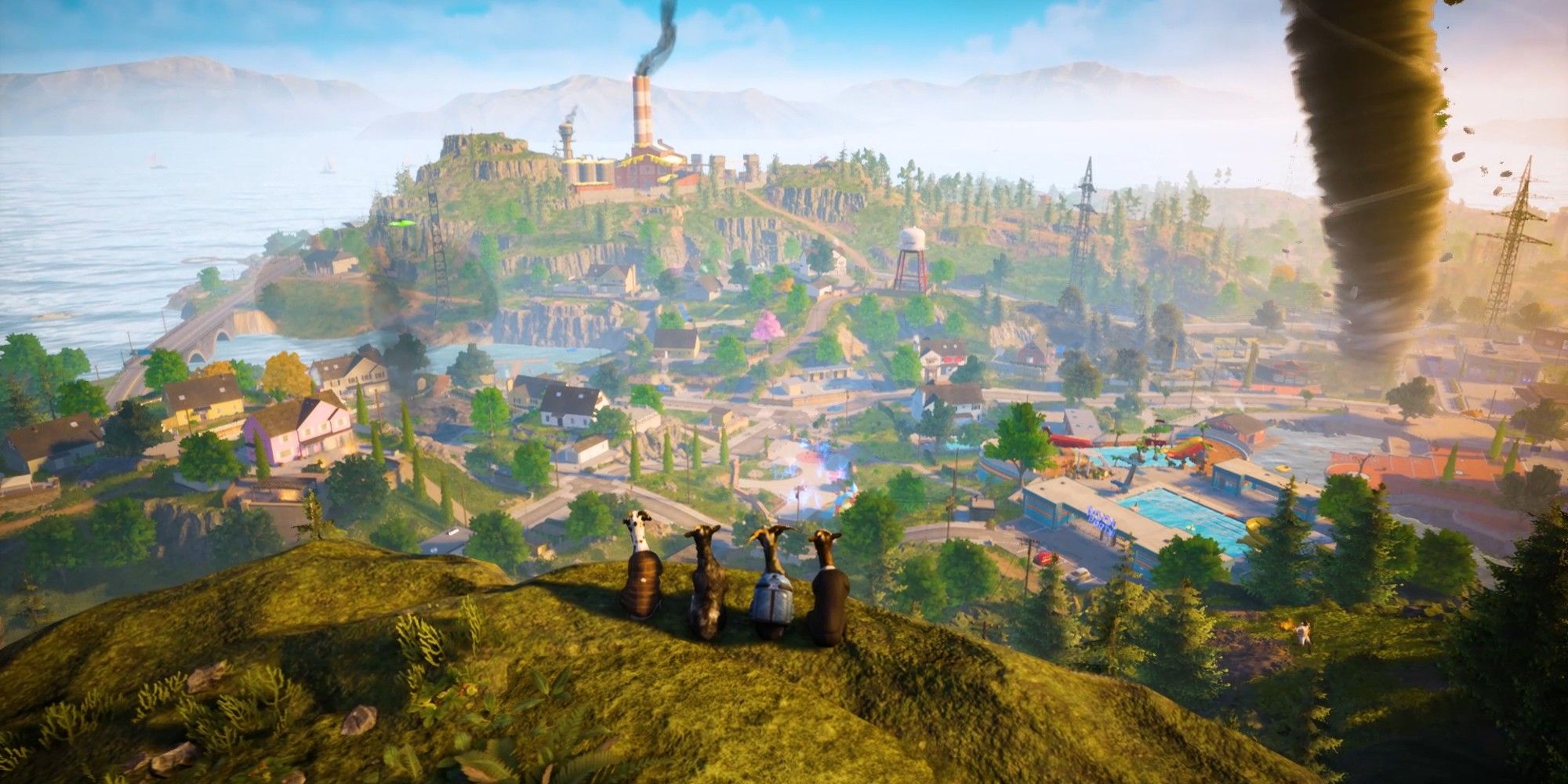 Four goats overlooking the city in Goat Simulator 3