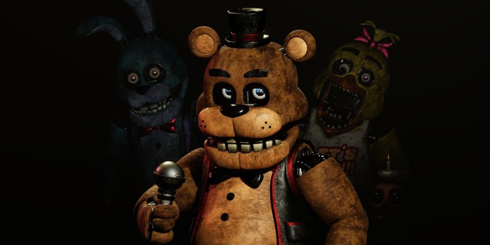 Freddy Fazbear holding a microphone and looking at the camera while Bonnie and Chica stare from the shadows behind him
