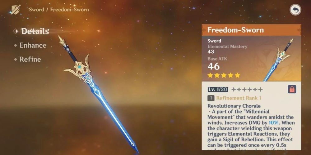 Freedom-Sworn sword and description on Genshin Impact