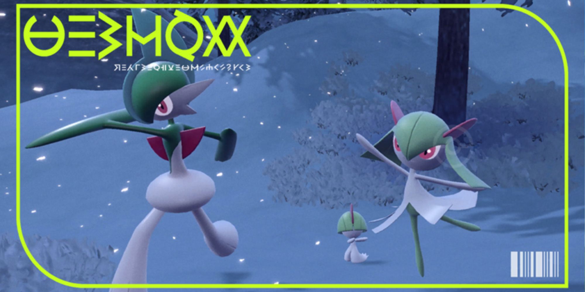 Gallade, Kirlia and Ralts in fighting poses as seen in the Paldean Pokedex