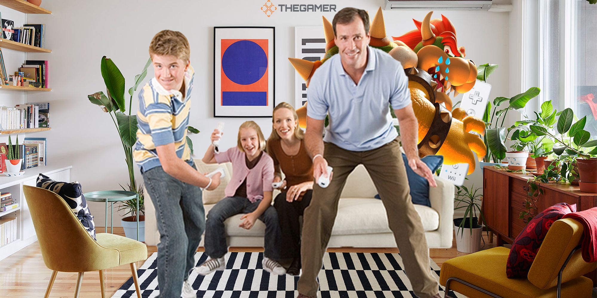 A happy family play Wii bowling in their living room while Bowser sulks in the corner because he sucks at Wii bowling.