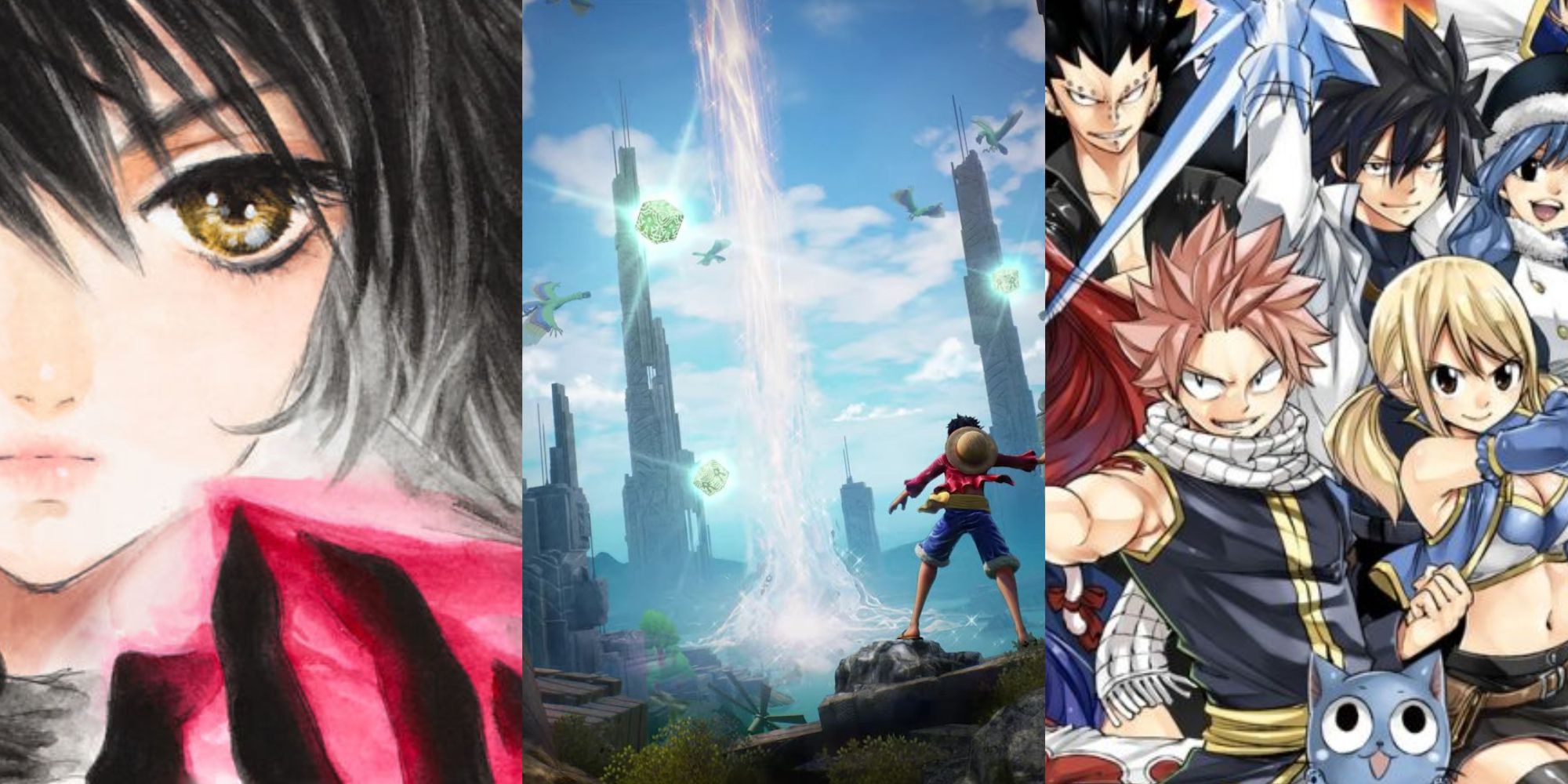 Aplit images of Taies of Berseria, One Piece Odyssey, and Fairy Tail.