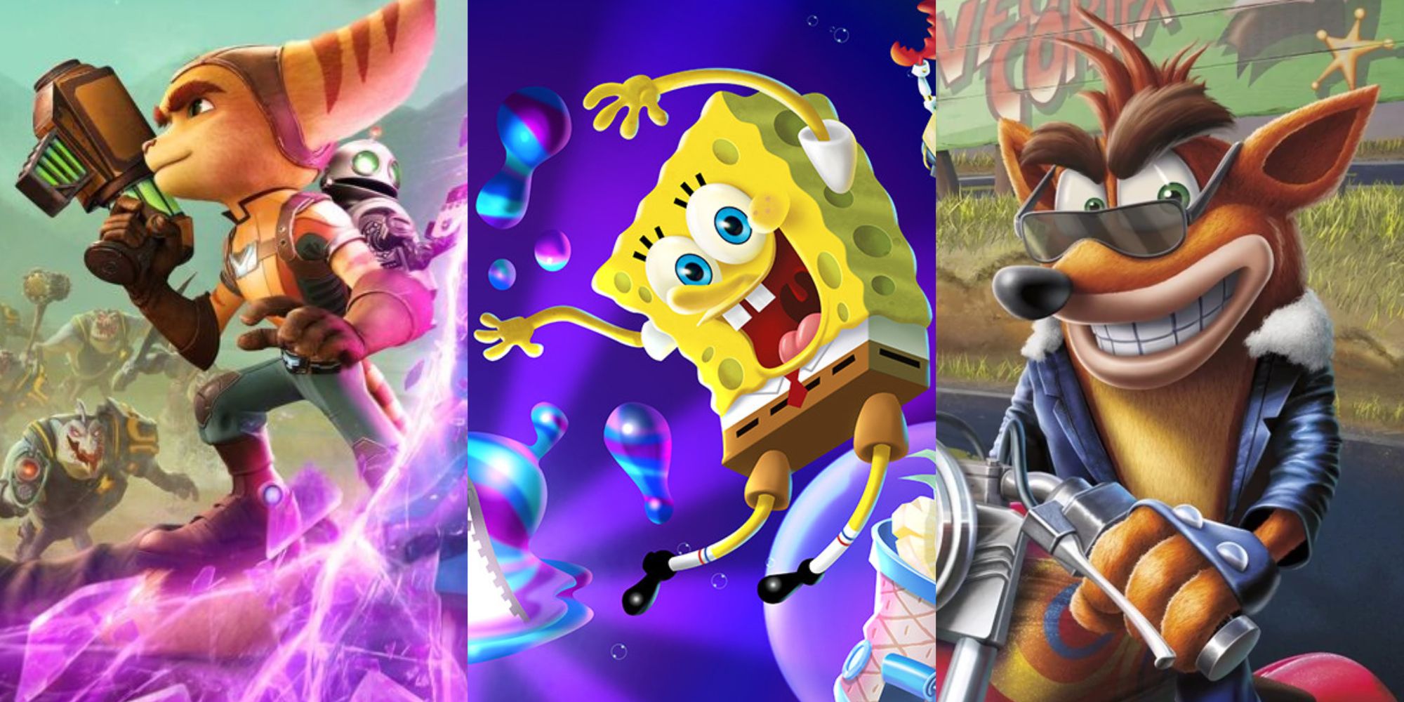 Split image featuring Ratchet, Spongebob, and Crash Bandicoot