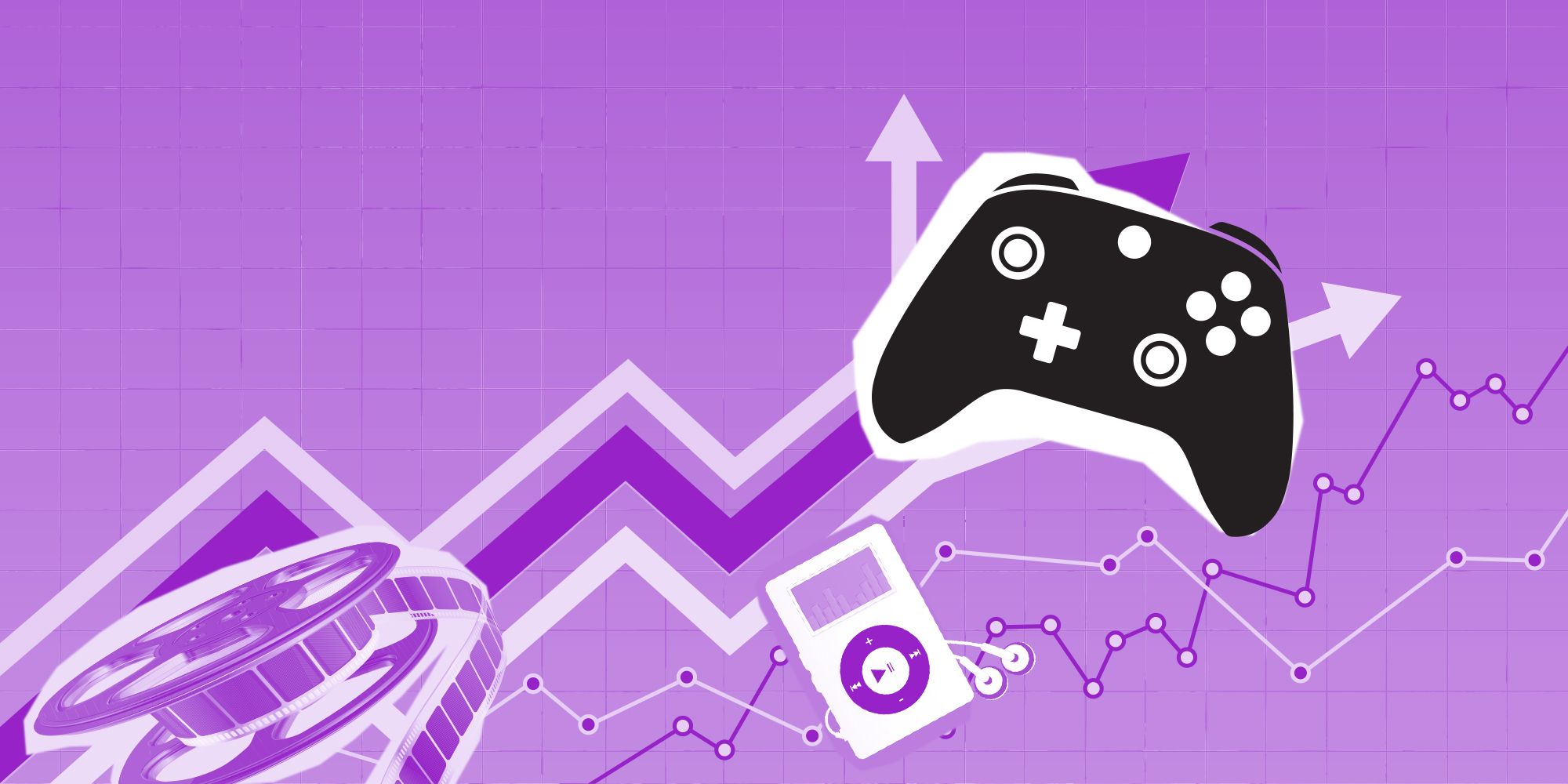 An image of a video games controller on a graph showing the rise of the industry especially compared to music and movies