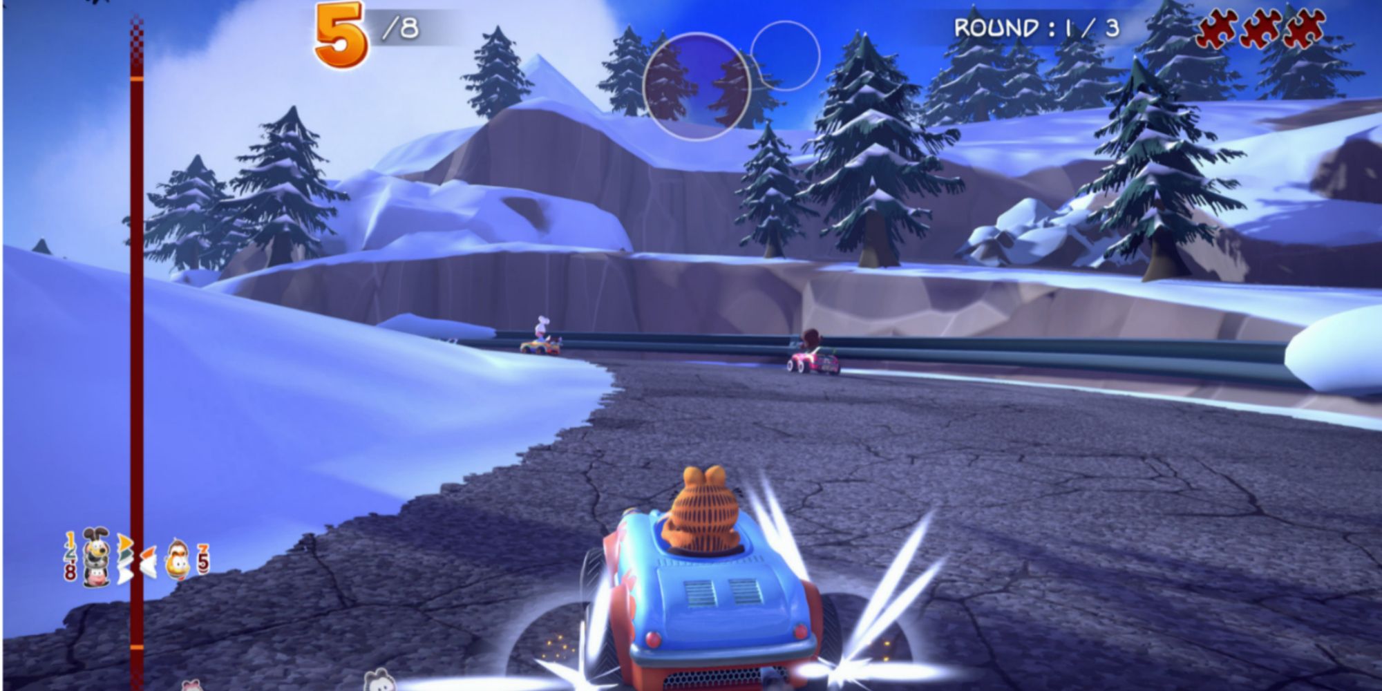 garfield racing in a snowy mountain stage in Garfield Kart Furious Racing