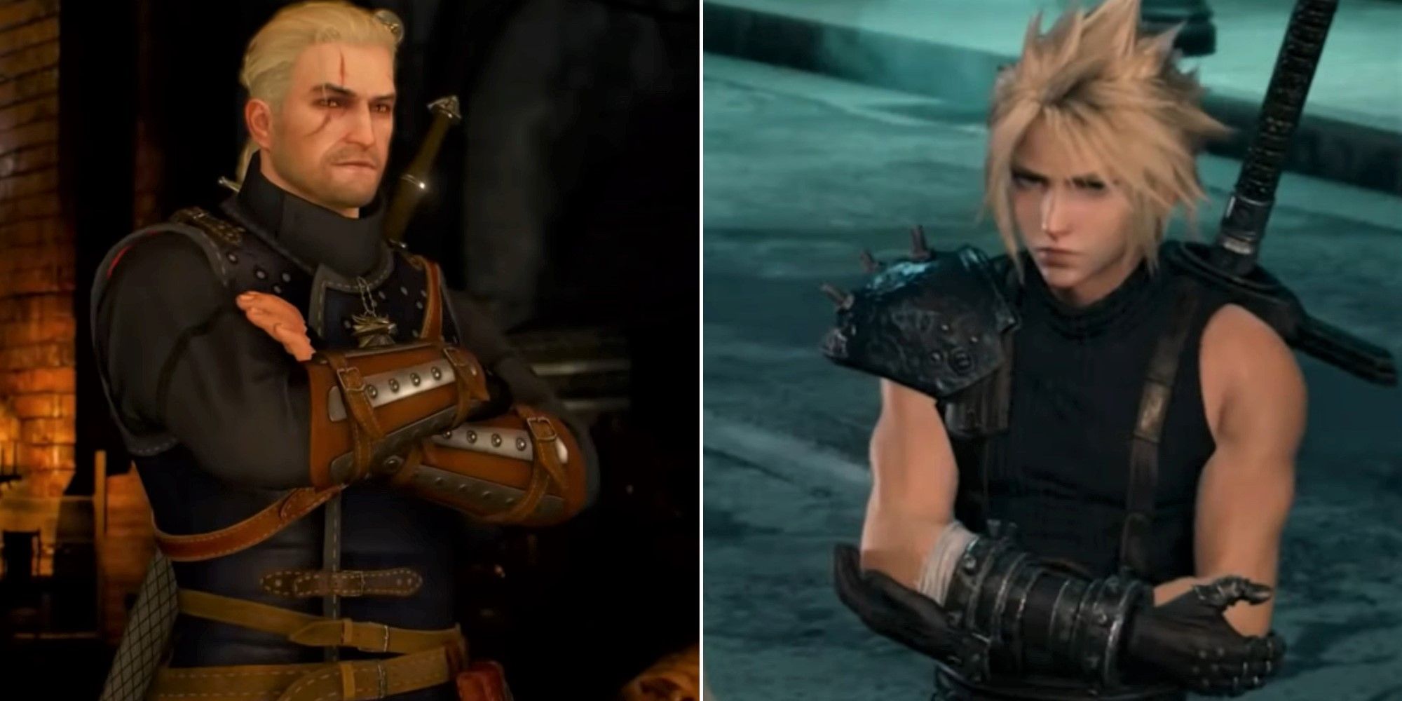 Geralt of Rivia (from The Witcher 3) and Cloud Strife (from Final Fantasy 7 Remake) standing up and crossing their arms
