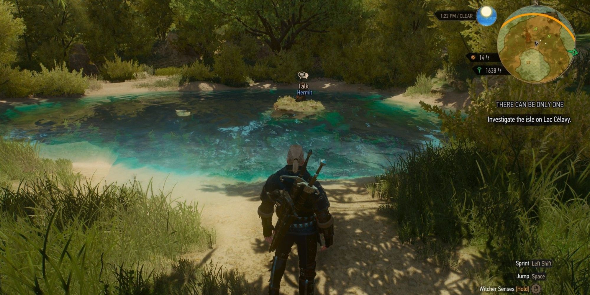Geralt facing the Hermit in the middle of Lac Célavy in The Witcher 3 Wild Hunt Blood and Wine DLC