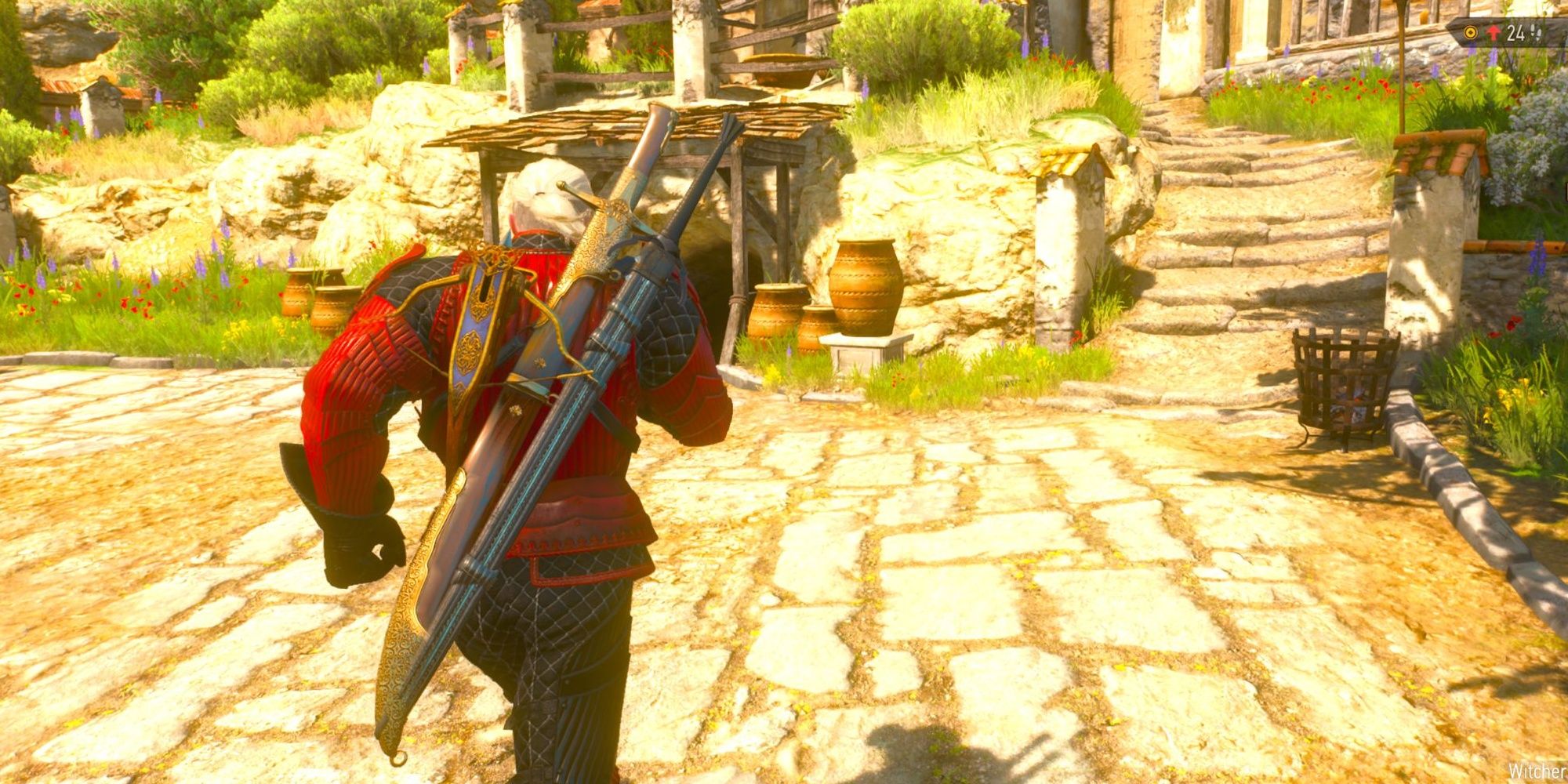 Geralt going through a key area in Witcher 3's Blood and Wine expansion.