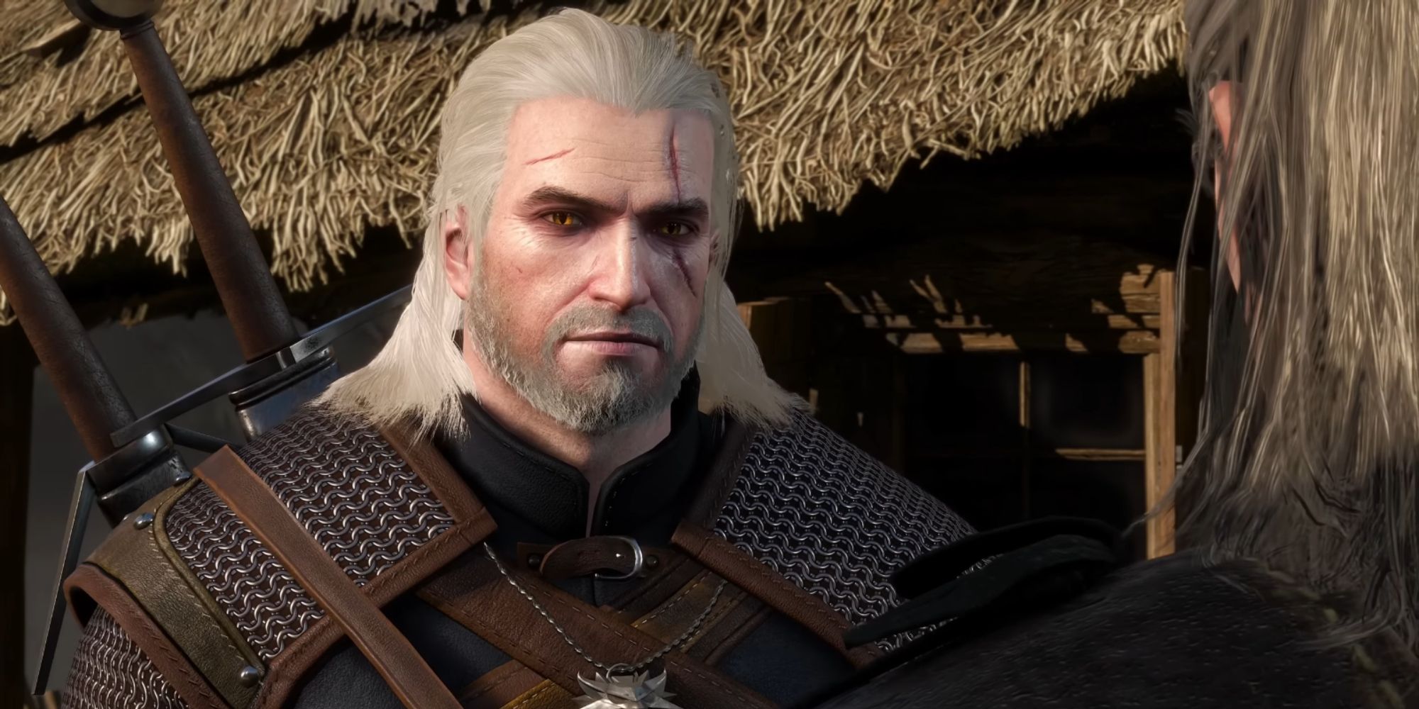 Geralt of Rivia talking to someone in The Witcher 3