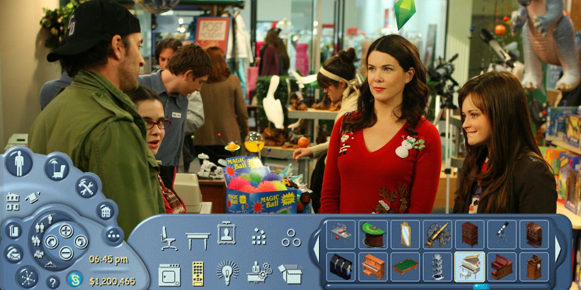 Luke, April, Lorelai, and Rory in a store with The Sims shopping interface superimposed over the bottom of the image.