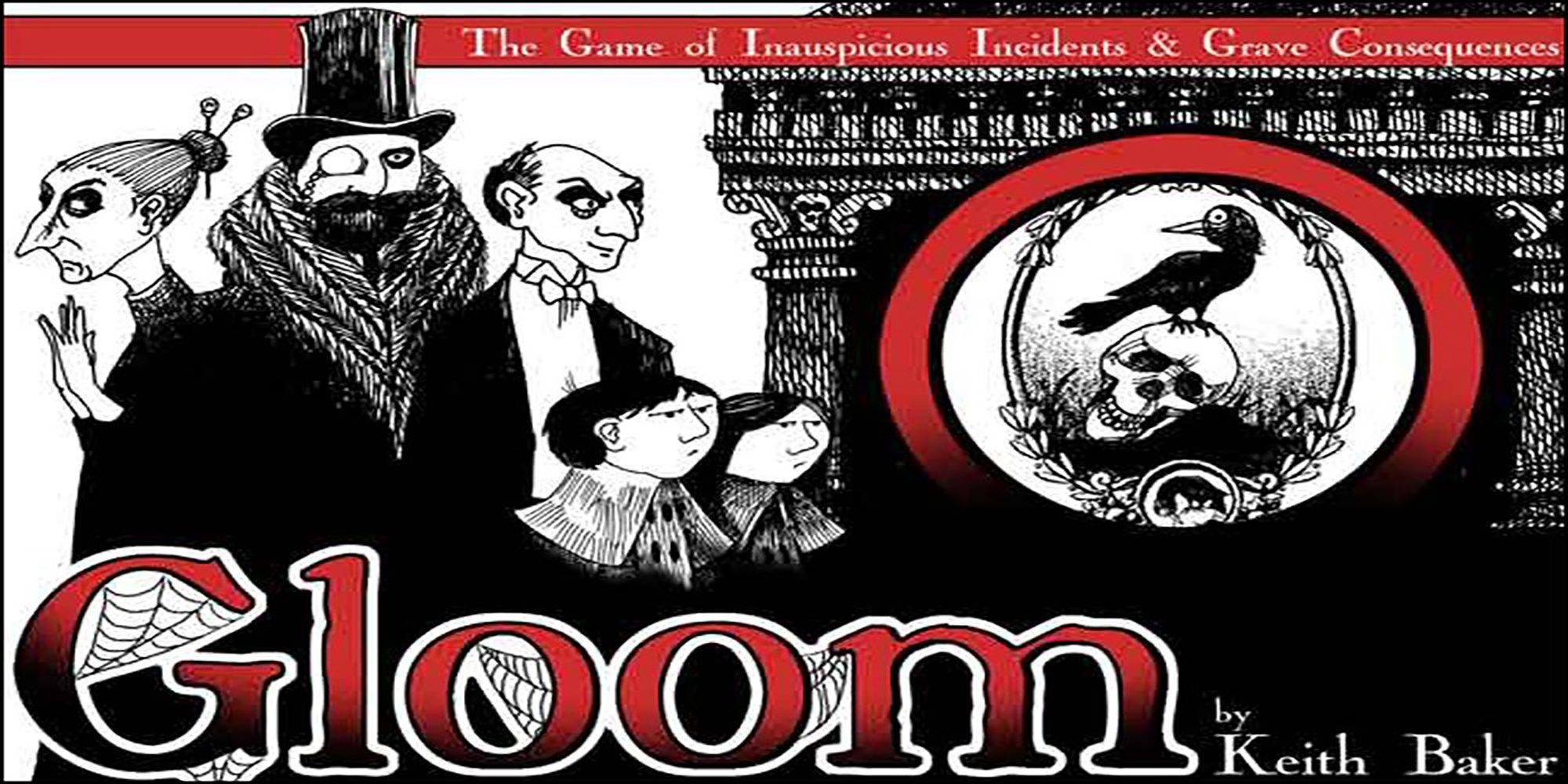 A macabre family stand in front of a withered home on Gloom's gothic box art.