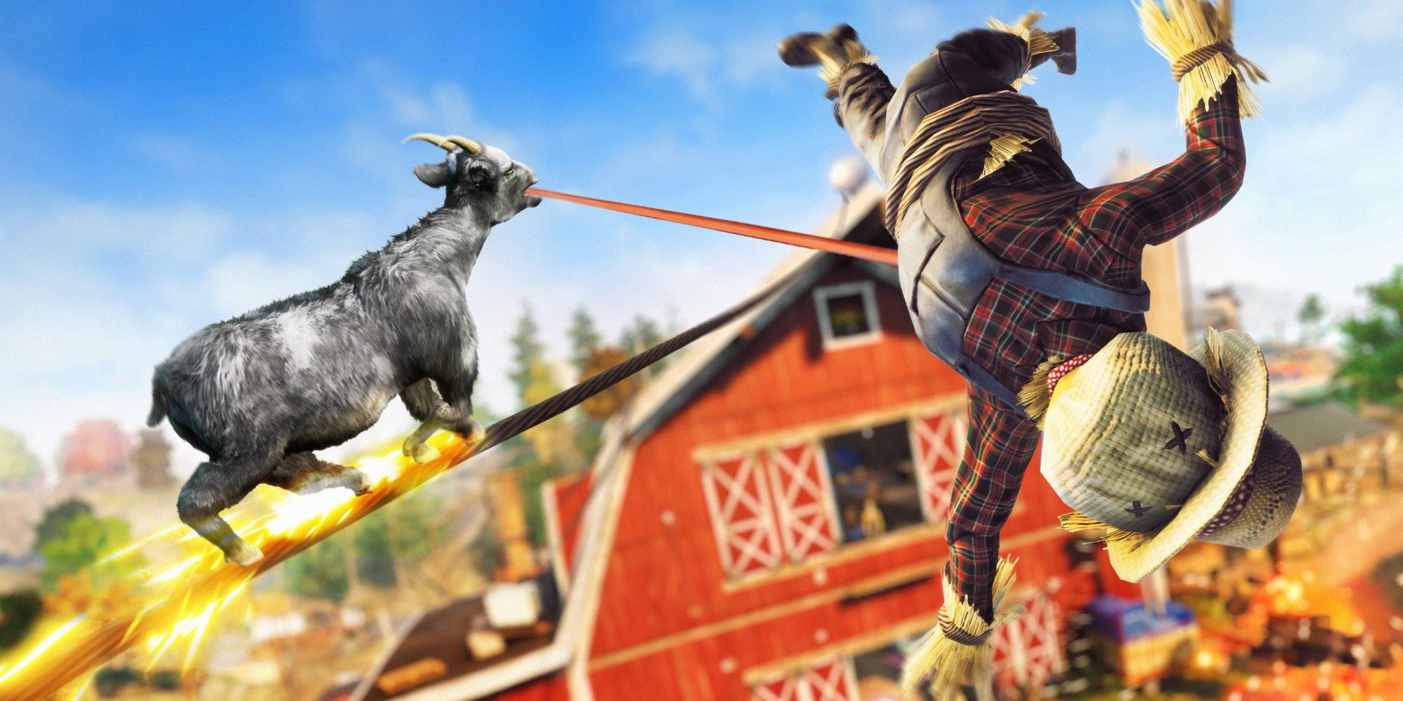 Goat Simulator 3 - A goat carrying a scarecrow with its tongue, while walking a flaming tight rope.