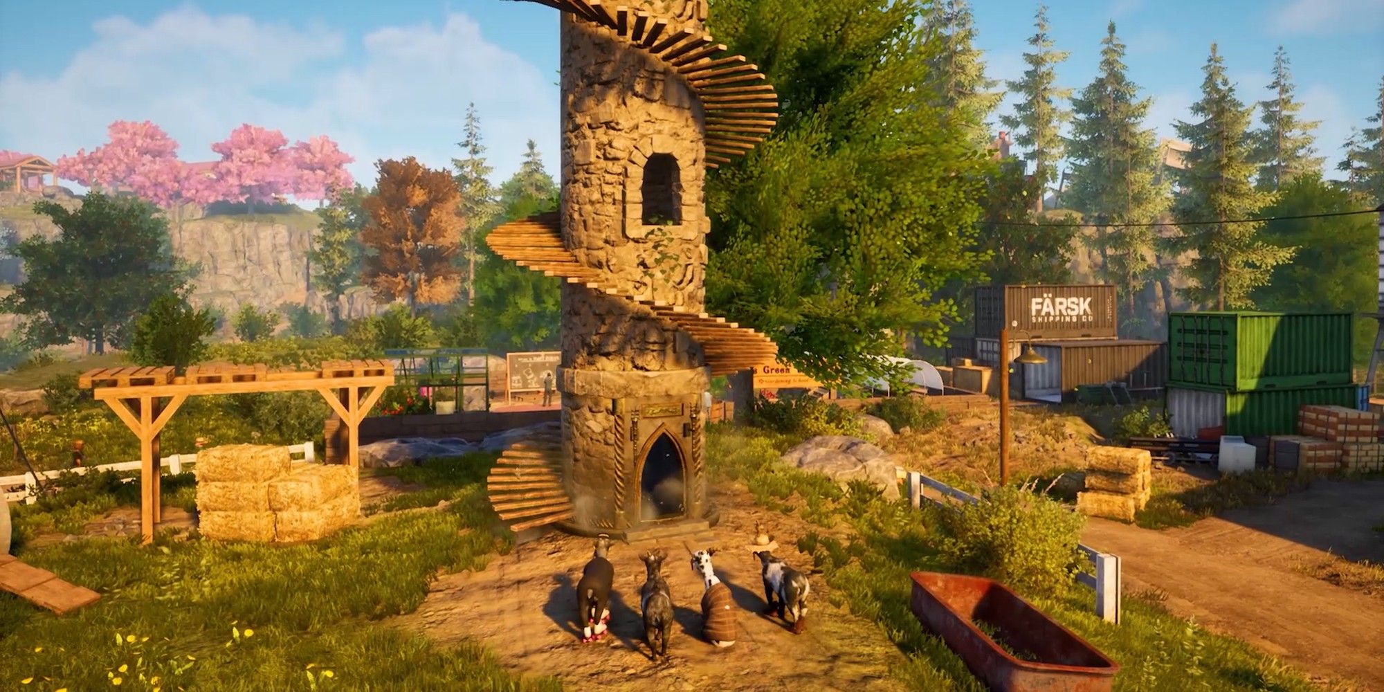 Goat Simulator 3 - Four goats standing near a tower.