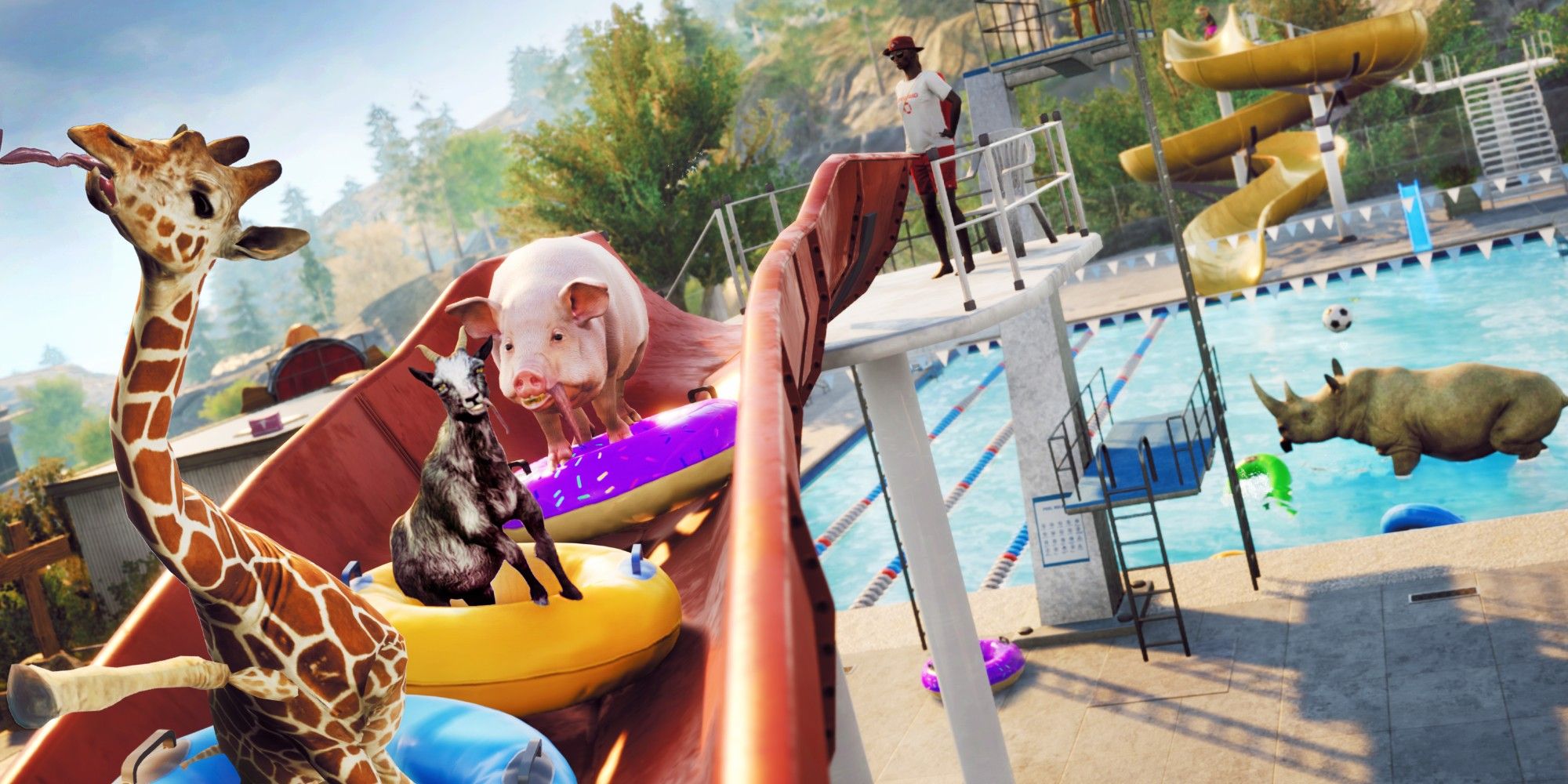 Goat Simulator 3 - Multiple playable animals in a swimming pool.
