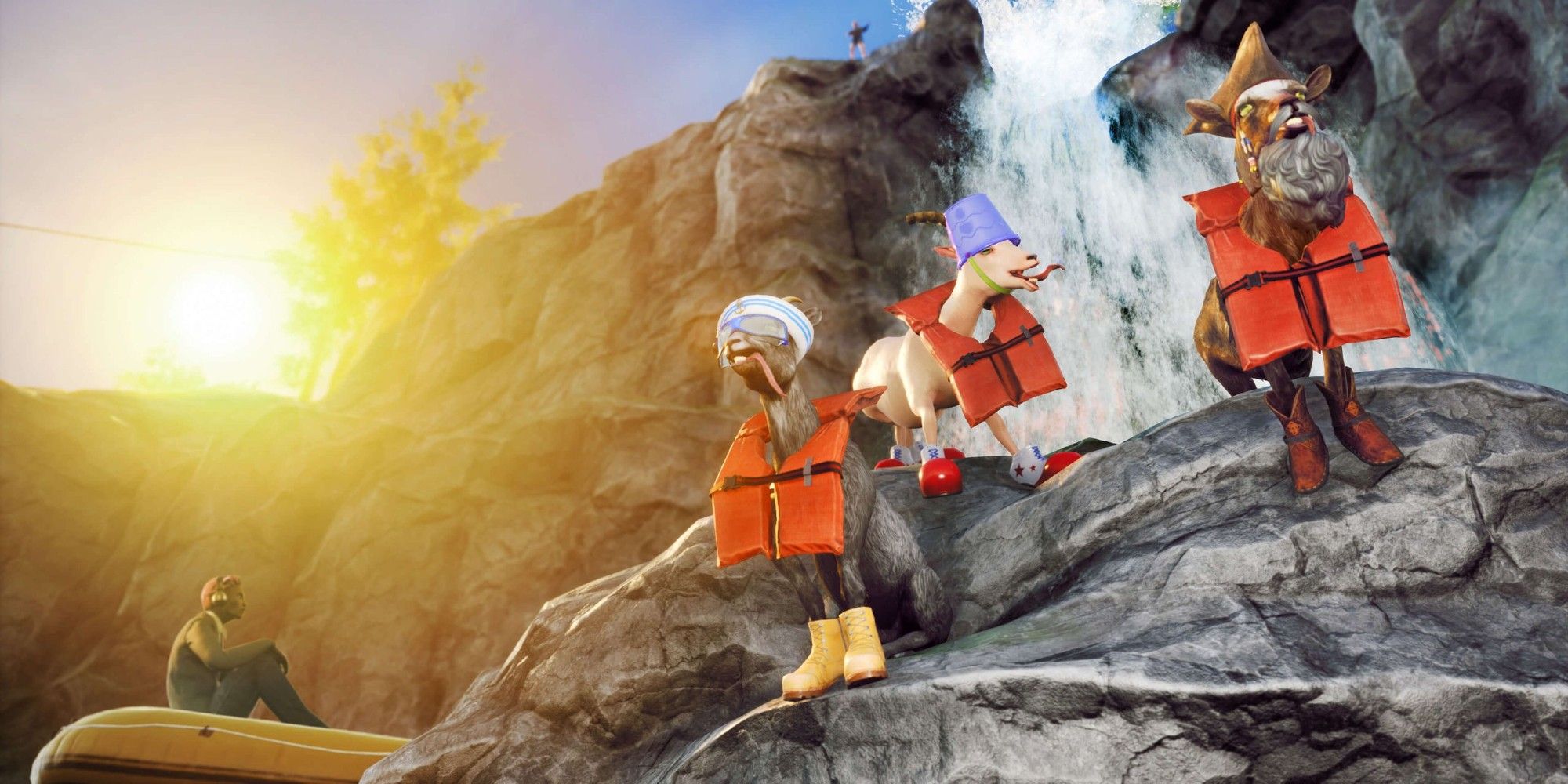 Goat Simulator 3 - Three Goats near a waterfall.