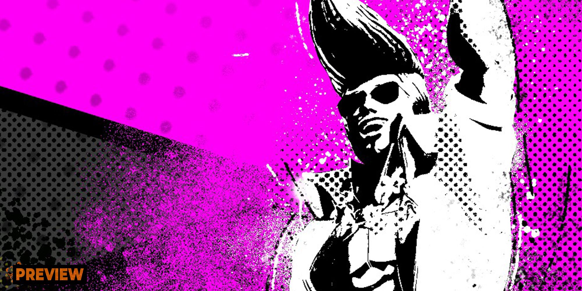 God of Rock Elvis-like character in black and white over comic-y purple background
