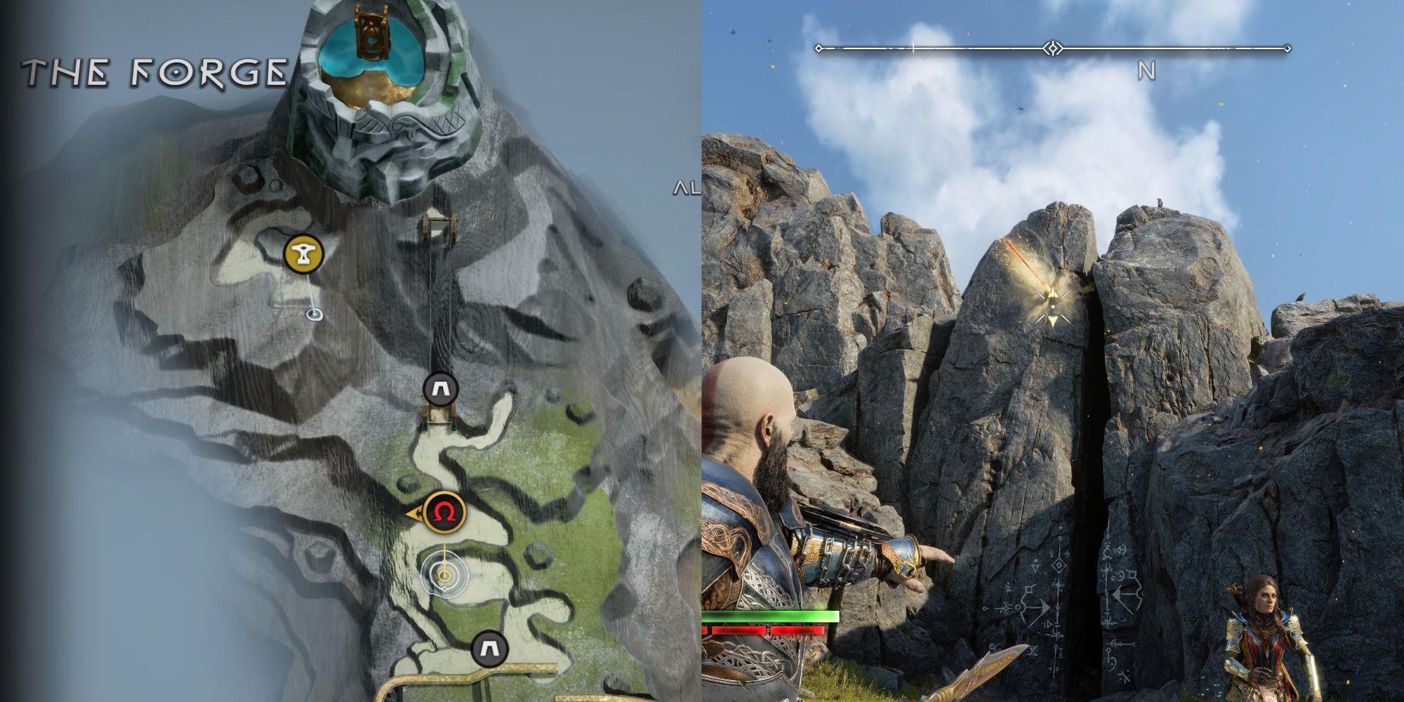 Kratos looks at the places to throw your Spear in Svartalfheim, The Forge, to get to the second Yggdrasil Rift location.