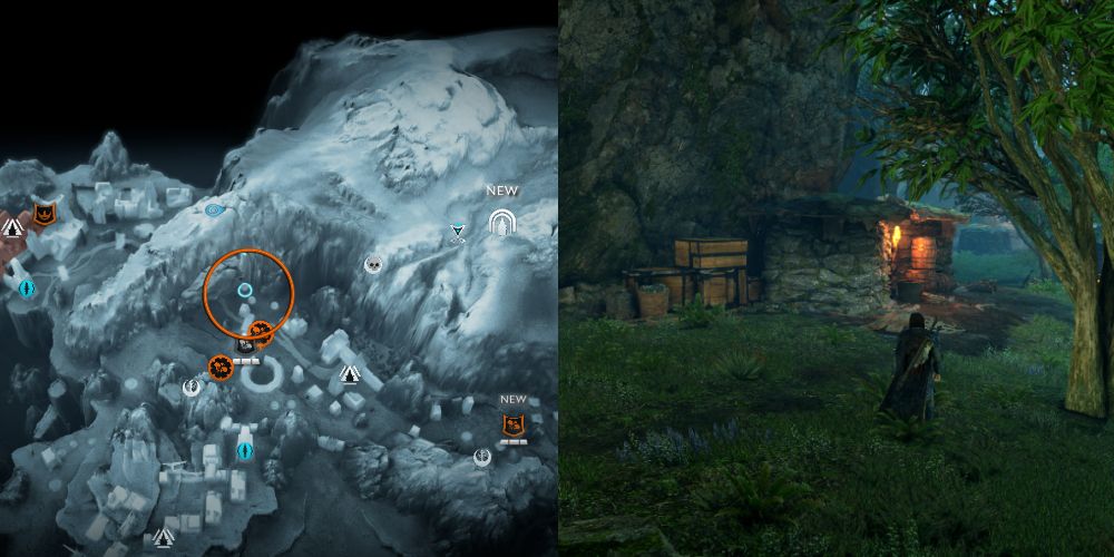 The artifact can be found next to a small building and a few crates, underneath the rock arch.