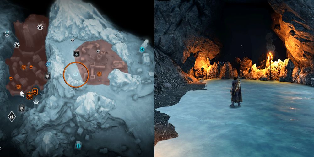 The cave can be found by climbing up the wall of ice, the artifact is tucked away to the left.