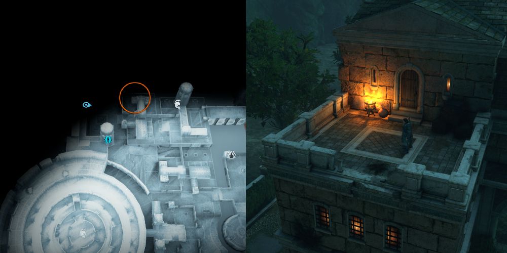 This artifact is on top of this building at the most northerly point of the map. 