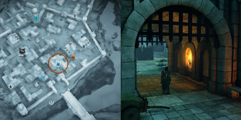 The artifact sits inside a passage in the first building, as you enter the city, to the right.