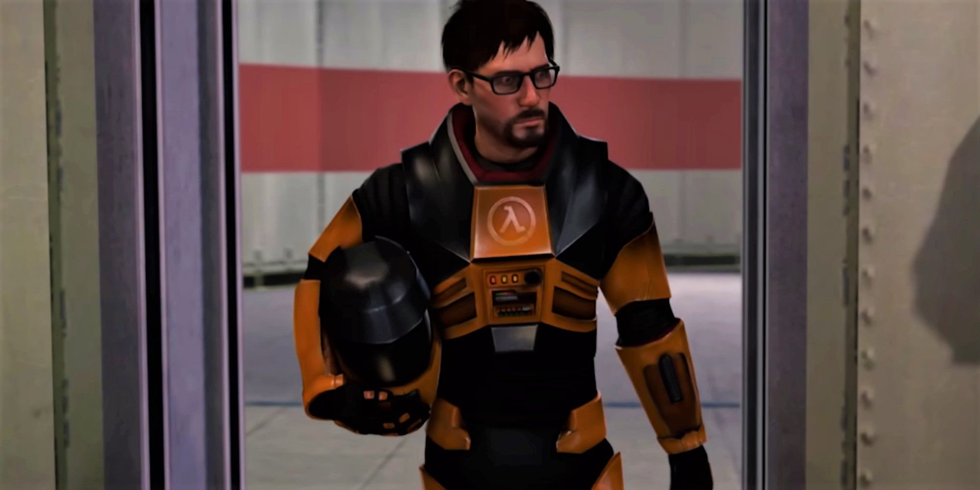 Gordon Freeman stands in Half-Life holding his headgear