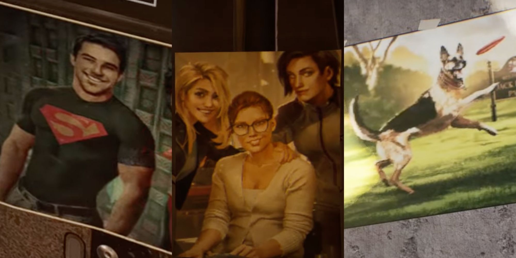 A photo of Superboy, a photo featuring Huntress, Batgirl, and Black Canary, and a photo of Ace.