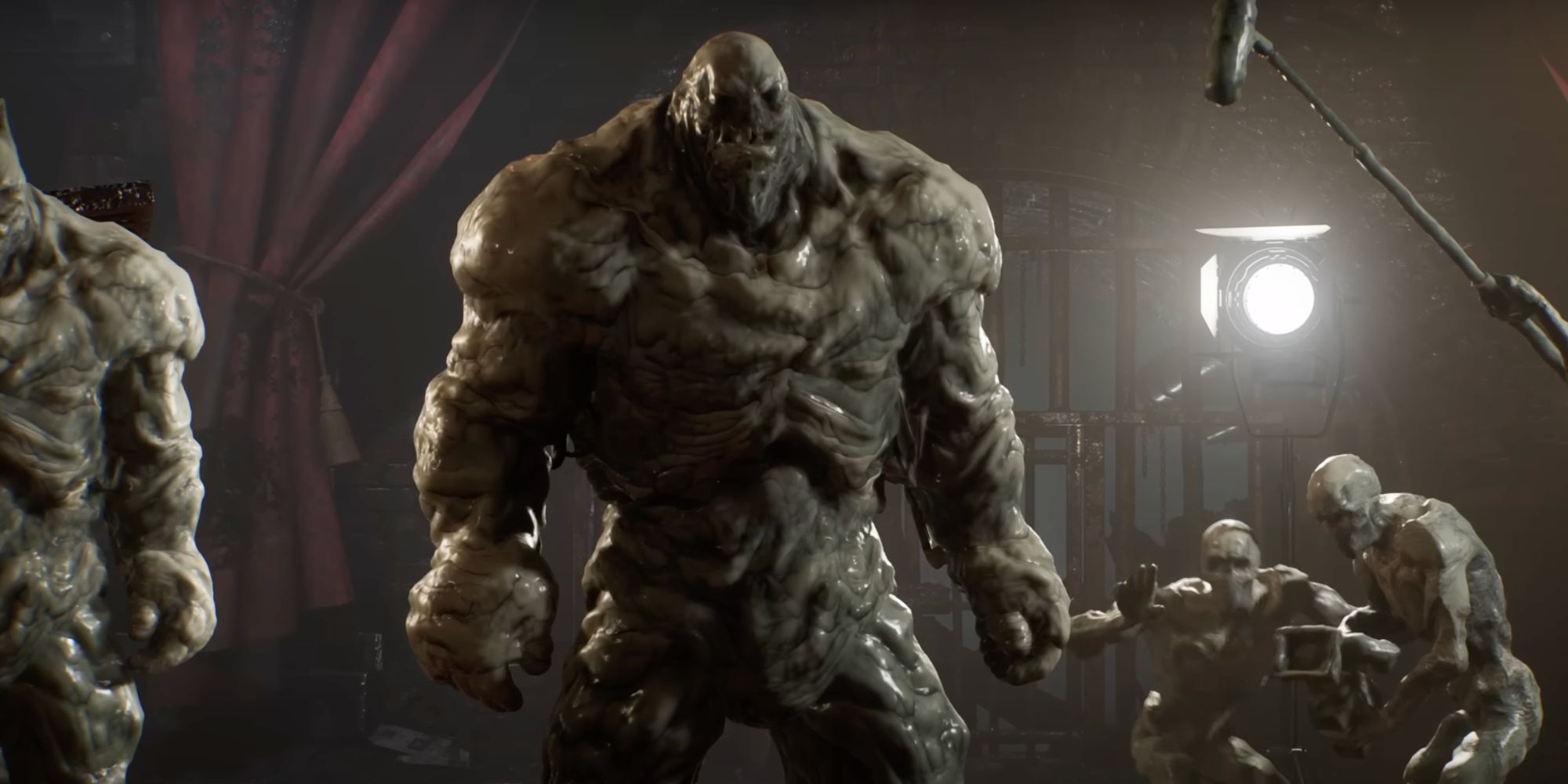 gotham knights clayface boss battle image with Clay fave ready to charge and other versions of his clay self in the background preparing to capture footage of him