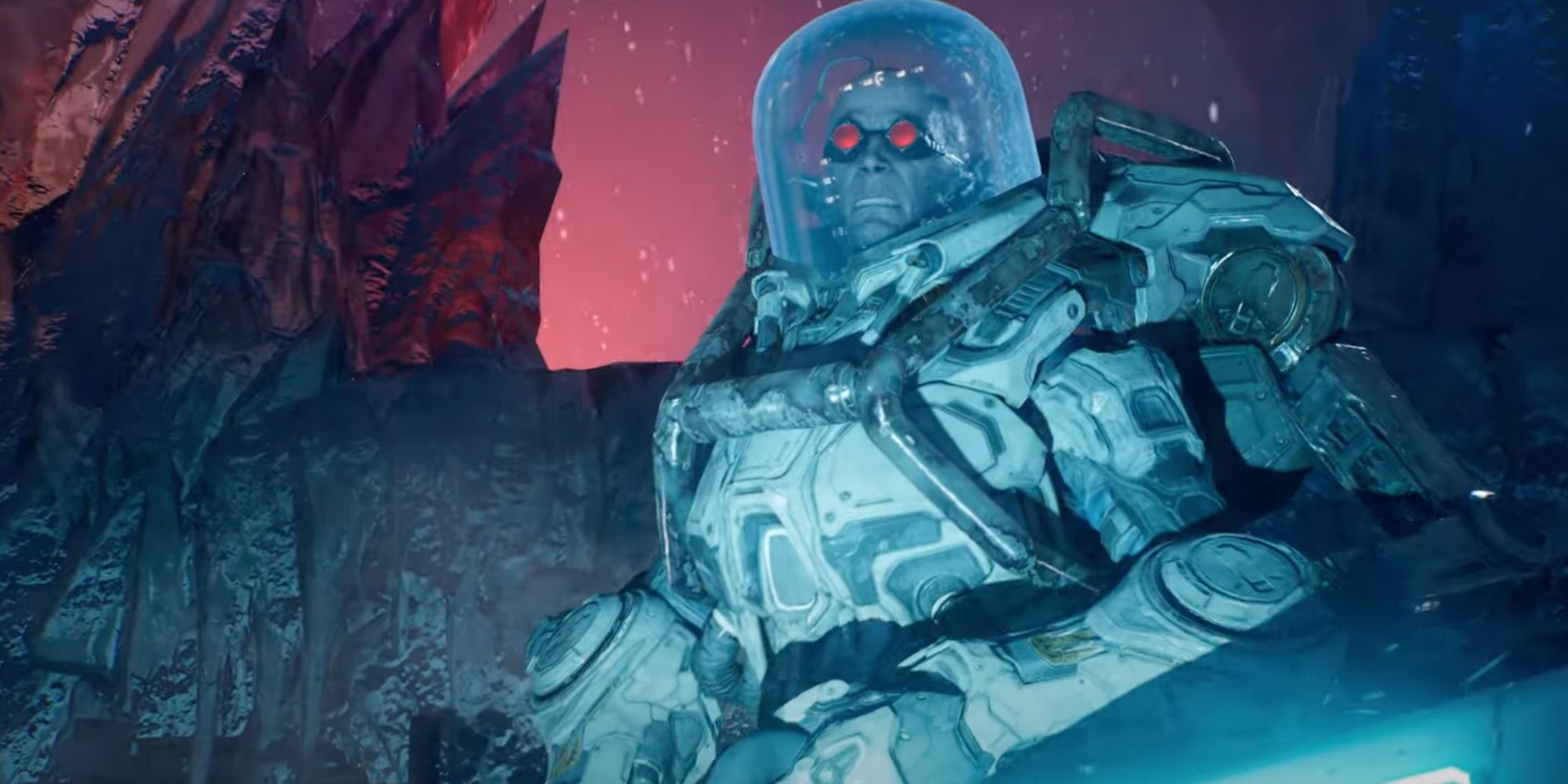 gotham knights mister freeze boss with his helmet on preparing his freezing weapon
